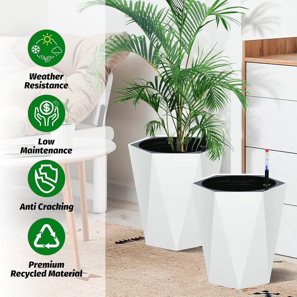 Riedhoff 16" Tall Self-Watering Planter Pots Set of 2, Water Level Monitor, Drainage Holes, White