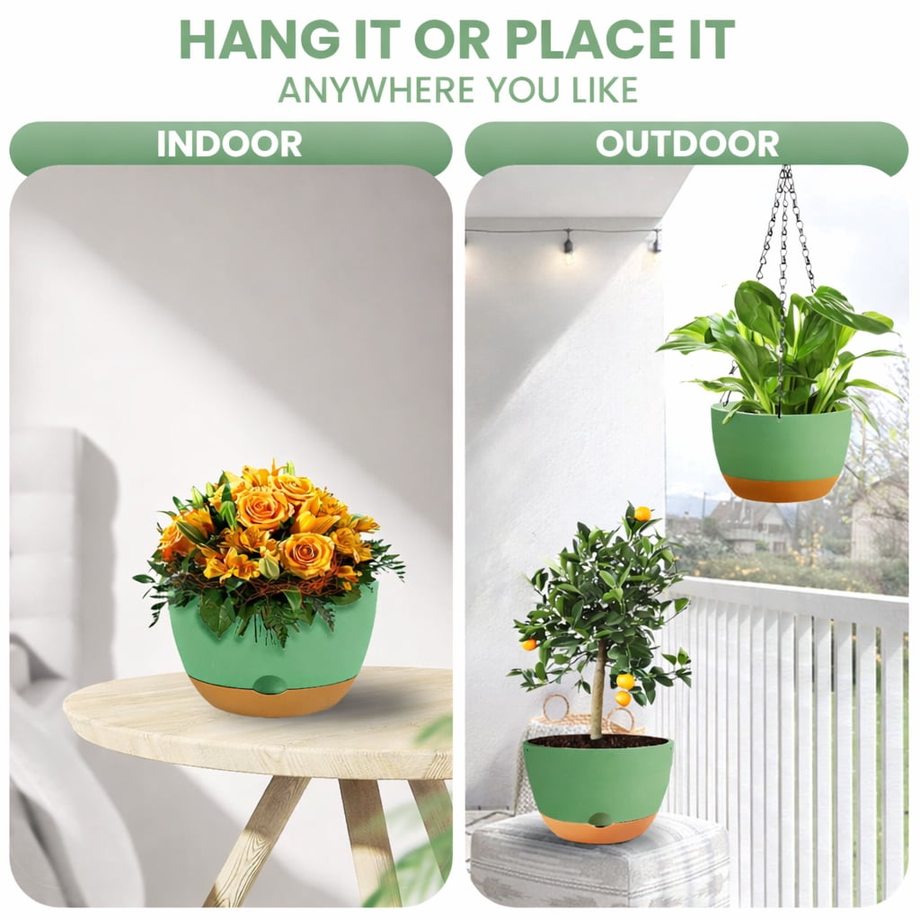 Diigabo 3-Pack Self-Watering Hanging Planters with Drainage Hole, 8.3" Flower Pots with Chains & Hooks for Indoor Outdoor Balcony Garden Patio Décor(Green)