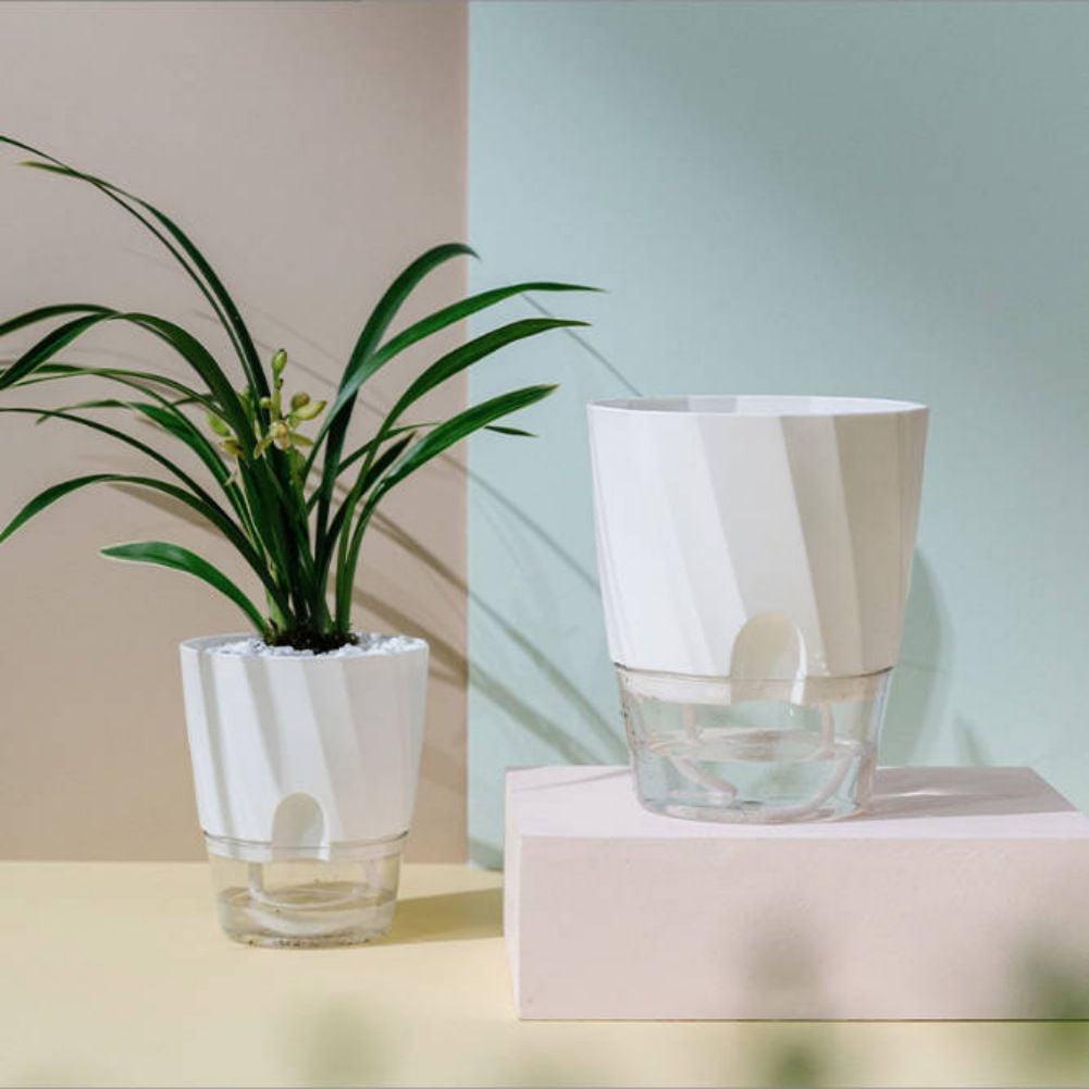 1 Pcs Self Watering Planters with Drainage Holes, Plastic Plant Pots with Deep Clear Reservoir, Modern Decorative Planter Flower Pot for Indoor Outdoor Garden Flowers Plants(White+XL)