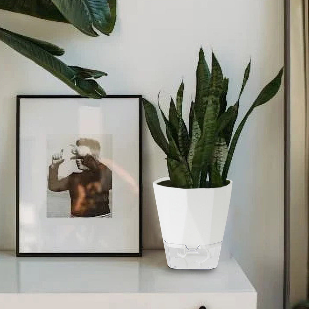 Harlier 8.5 Inch Transparent Plant Pots, Self Watering Flower pots, Large Plastic Planters with Deep Reservior and High Drainage Holes for Indoor Outdoor Plants and Flowers, White