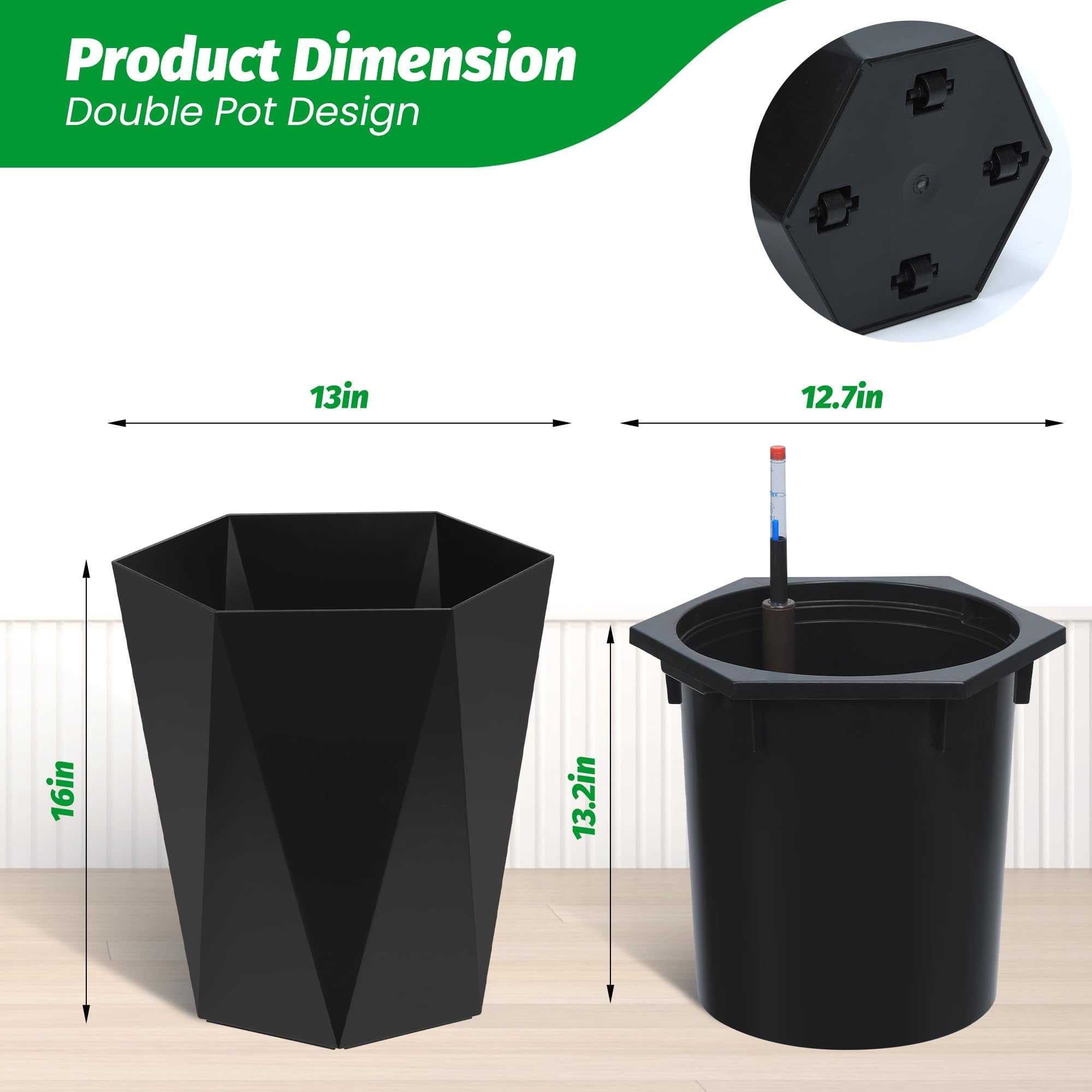 22.5inch Tall Planters Set of 2, Self Watering Planter with Water Level Monitor, Large Plastic Flower Pot with Inner Bucket and for Patio, Porch, Living Room
