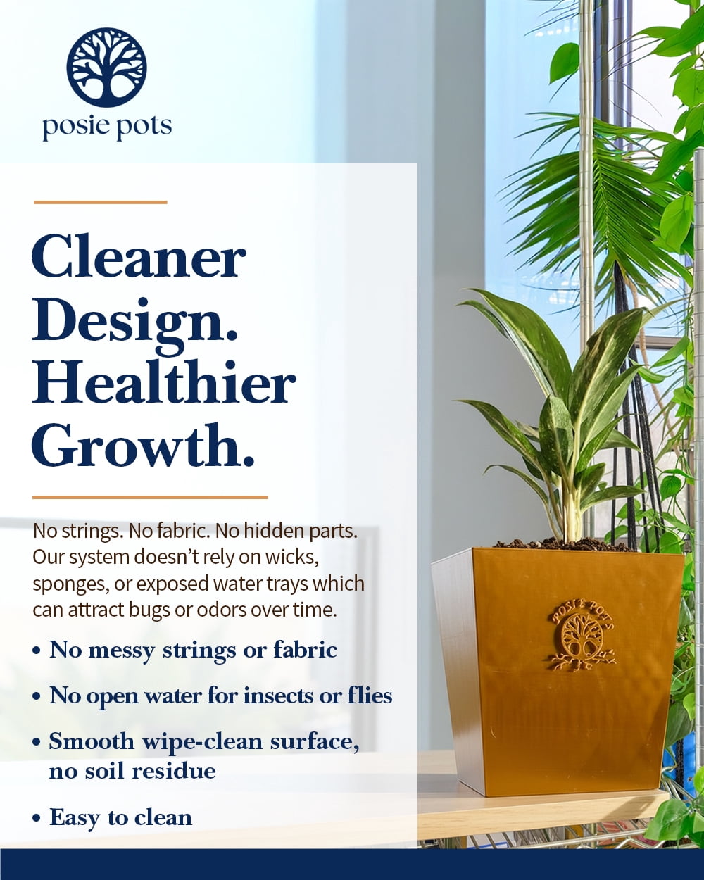 Posie Pot 5 inch, Medium, Gold, Twisted Square Self Watering Planter, 3D Printed