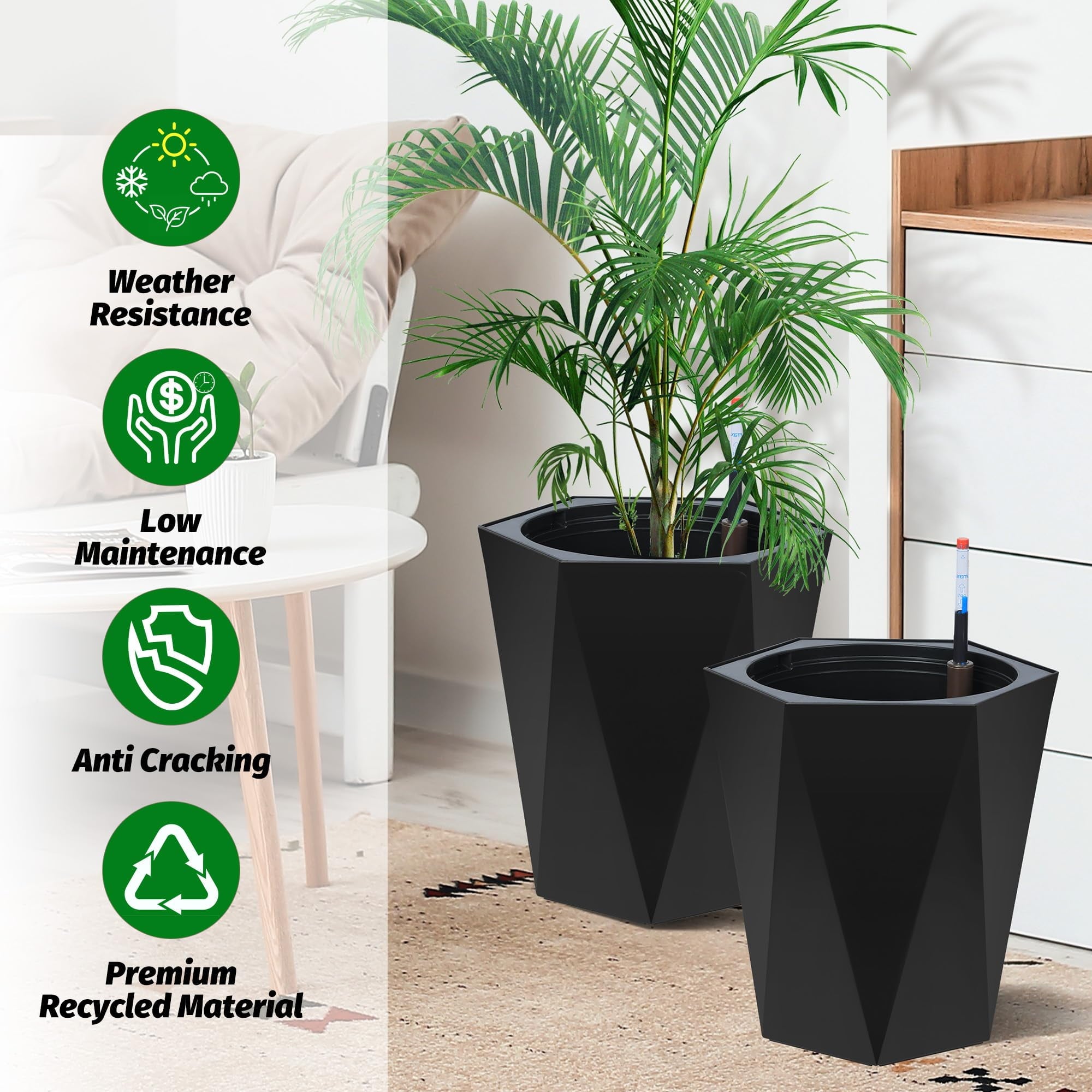 22.5inch Tall Planters Set of 2, Self Watering Planter with Water Level Monitor, Large Plastic Flower Pot with Inner Bucket and for Patio, Porch, Living Room