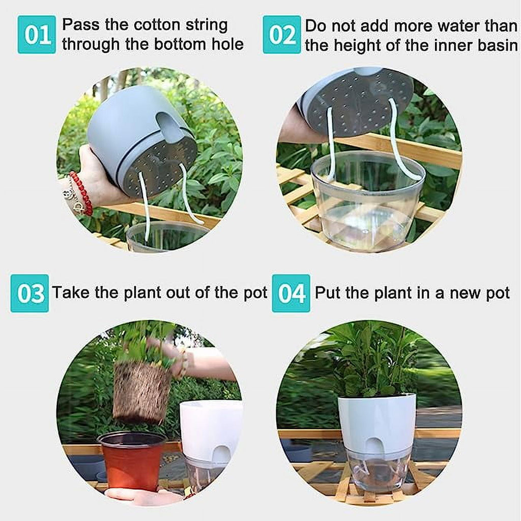 Tutuviw 6 Inch Self Watering Planter Indoor Plants Flower Pots Outdoor with Wick Rope-White