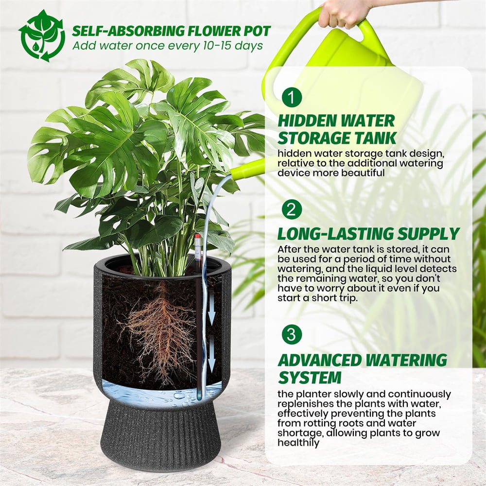 14.2" Tall Planters Set of 2, Plant Pots, Self Watering Pots for Indoor Plants, Flower Pots with Built-in Drainage and a Water Level Monitor, for Patio, Porch, Living Room, or Home Office