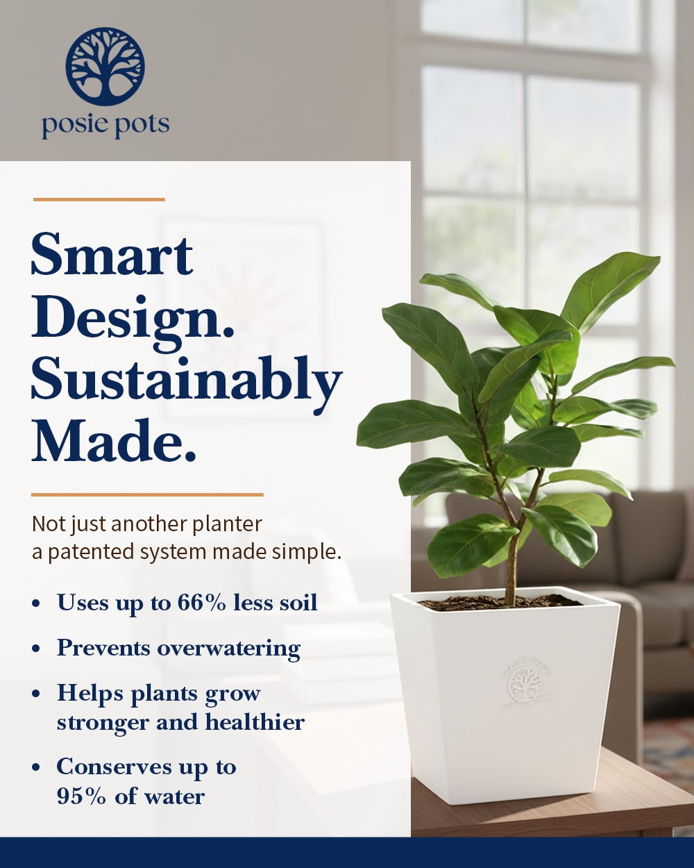 Posie Pot 5 inch, Medium, White, Twisted Square Self Watering Planter, 3D Printed