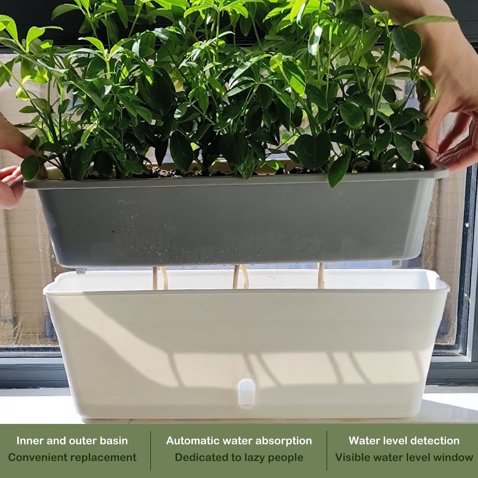 TTJ Self Watering Planter Rectangular Flower Pots Automatic Water Absorption Vegetable Planting Pots Indoor Outdoor Easy Care Two Function Plant Pot Seedling Box