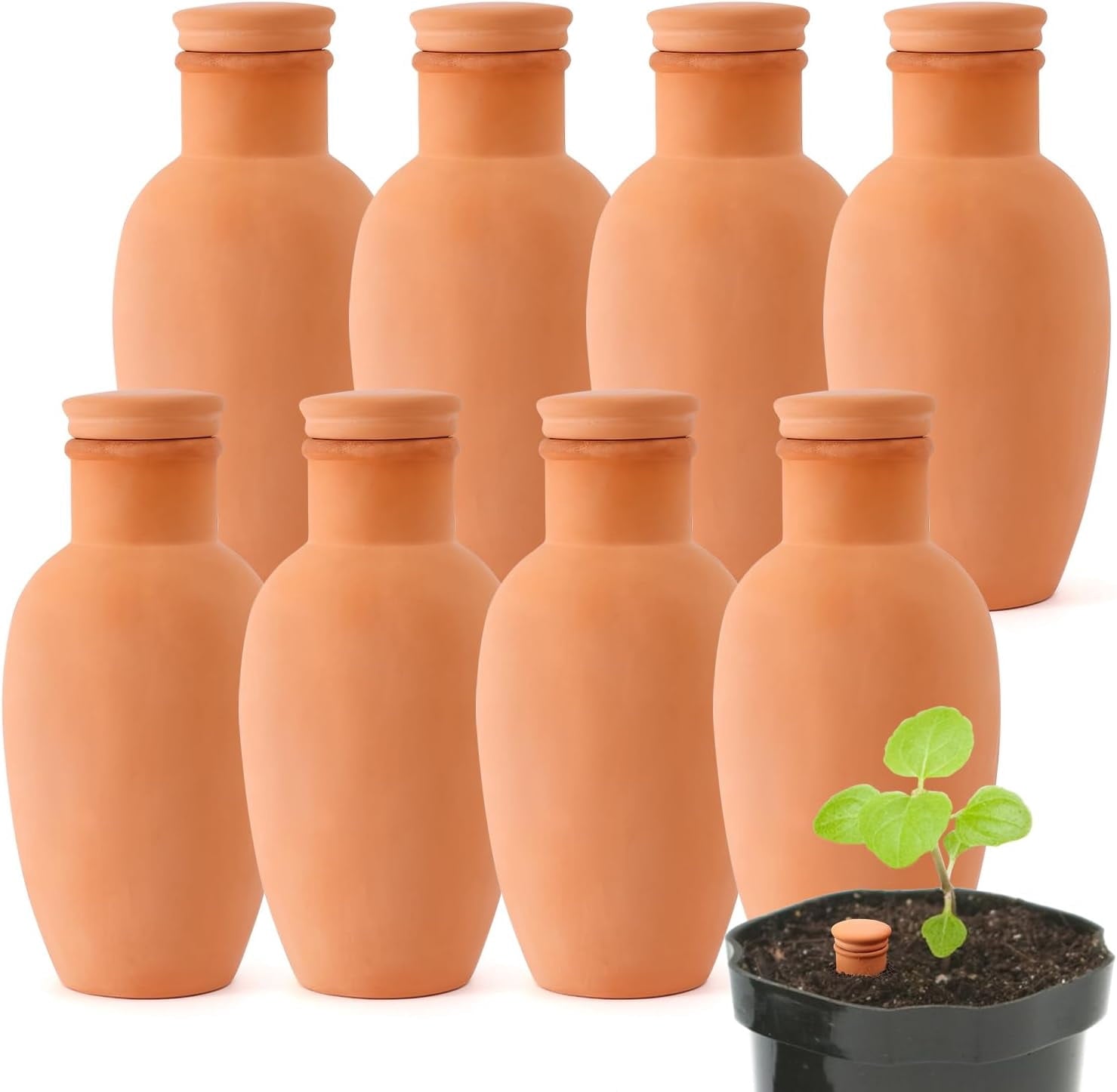 8pcs Ollas Self Watering Terracotta Planter Terra Cotta Clay Watering Spikes for Indoor Outdoor Plants - Large Reservoir Bulbs