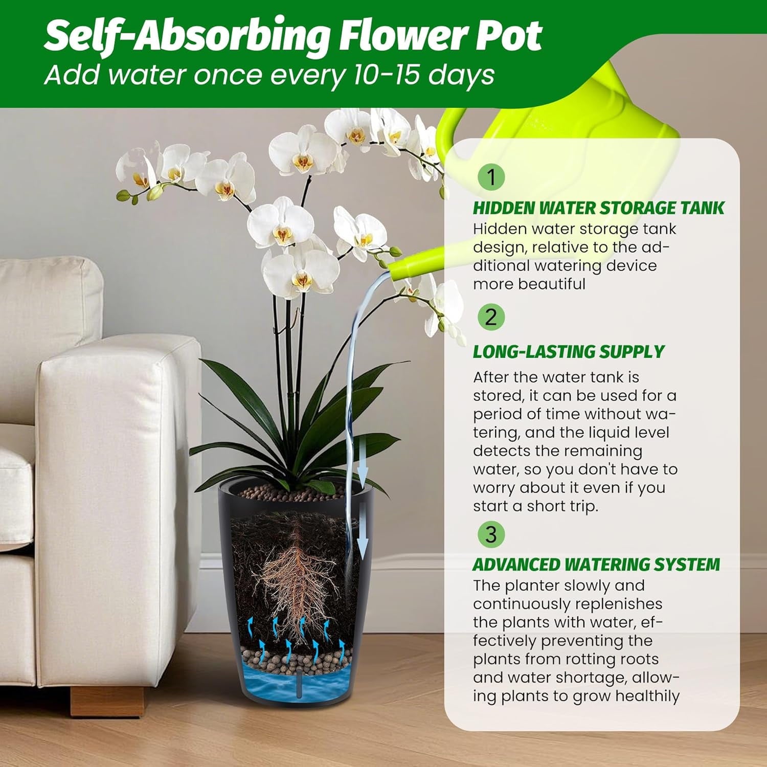 Acekid 16" Tall Planters Set of 2, Plant Pots, Self Watering Pots for Indoor Plants, Flower Pots With Built-In Drainage and Visual Water Level Design, for Patio, Porch, Living Room