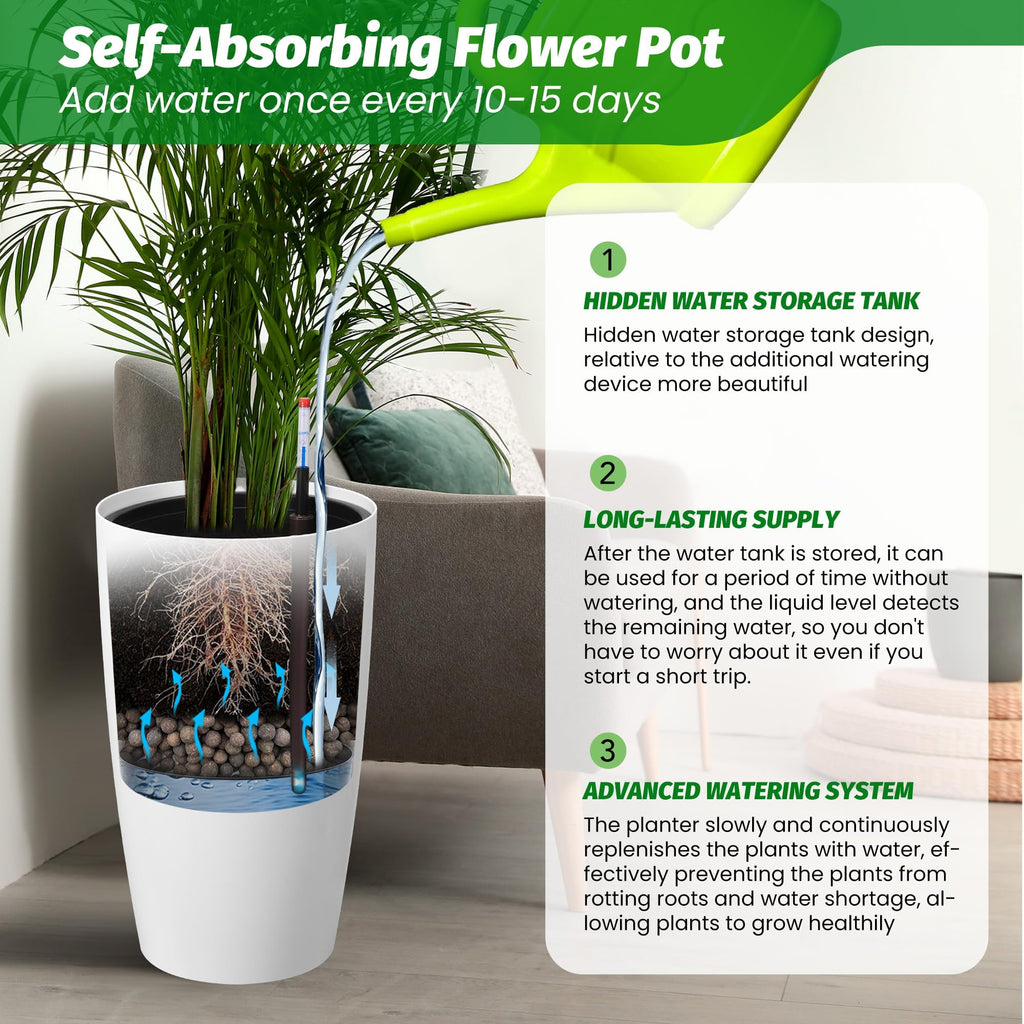 Goldensoil 22" Tall Round Planter Set of 2, Self Watering Pots with Water Level Monitor, White