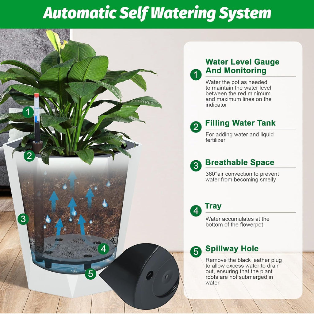 Riedhoff 16" Tall Self-Watering Planter Pots Set of 2, Water Level Monitor, Drainage Holes, White