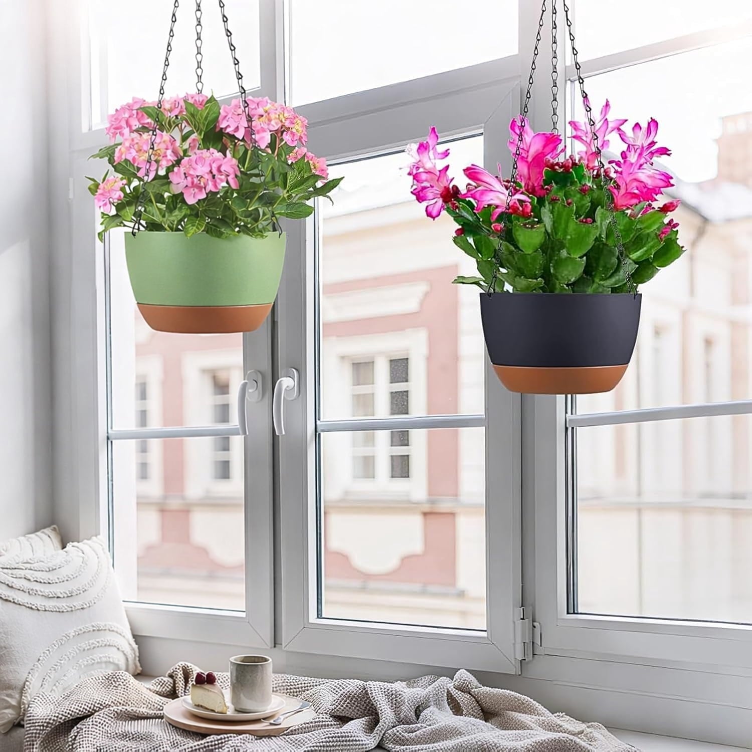 Diigabo 3-Pack Self-Watering Hanging Planters with Drainage Hole, 8.3" Multi-Color Flower Pots with Chains & Hooks for Indoor Outdoor Balcony Garden Patio Décor(Multi-color)