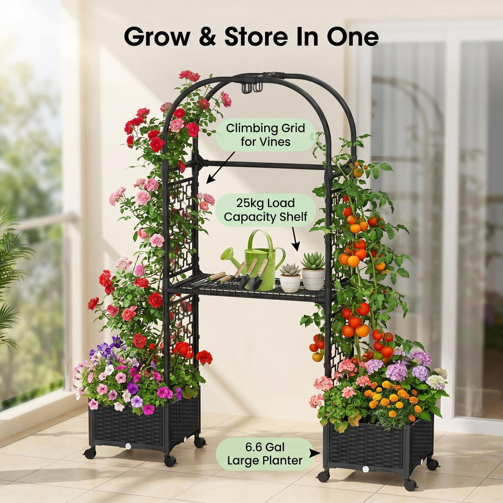 Rose Planter Box with Trellis, 63in Self Watering Raised Garden Bed with Wheels, Storage Shelf & Drainage Holes for Climbing Plants, Tomatoes, Vegetables, Indoor Outdoor Patio Garden