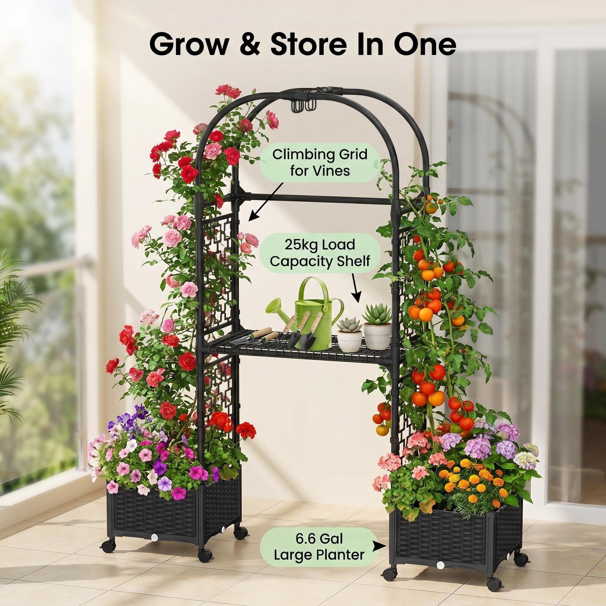 Rose Planter Box with Trellis, 63in Self Watering Raised Garden Bed with Wheels, Storage Shelf & Drainage Holes for Climbing Plants, Tomatoes, Vegetables, Indoor Outdoor Patio Garden