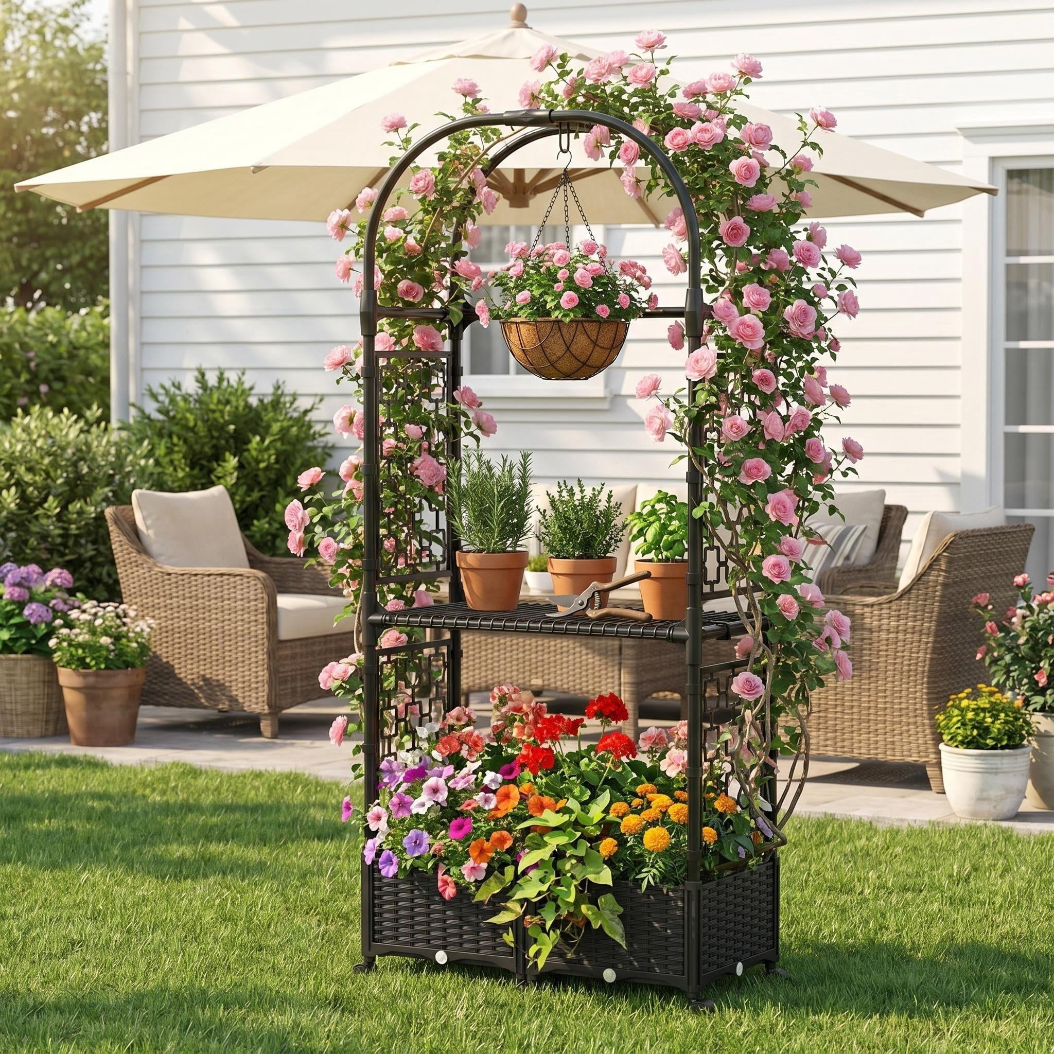 Rose Planter Box with Trellis, 63in Self Watering Raised Garden Bed with Wheels, Storage Shelf & Drainage Holes for Climbing Plants, Tomatoes, Vegetables, Indoor Outdoor Patio Garden