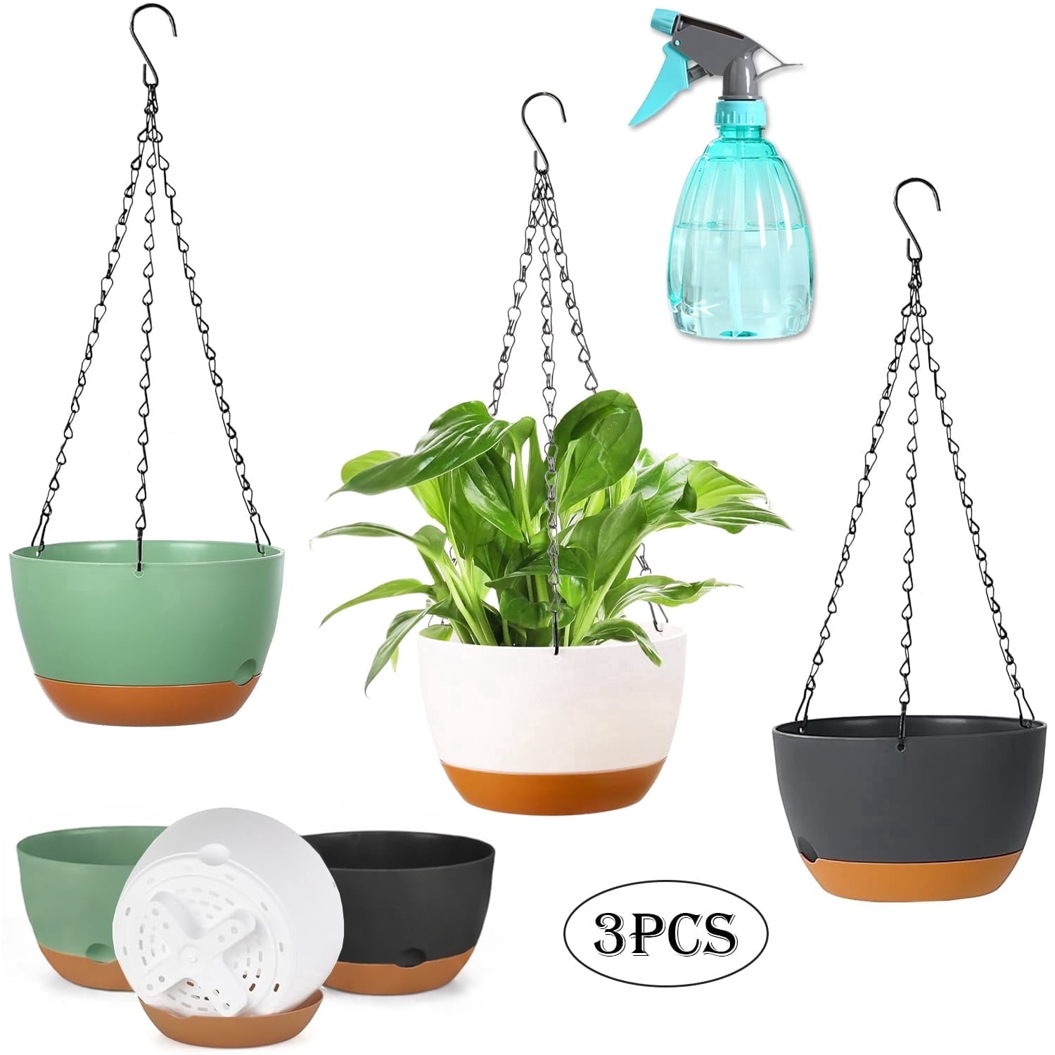 Diigabo 3-Pack Self-Watering Hanging Planters with Drainage Hole, 8.3" Multi-Color Flower Pots with Chains & Hooks for Indoor Outdoor Balcony Garden Patio Décor(Multi-color)