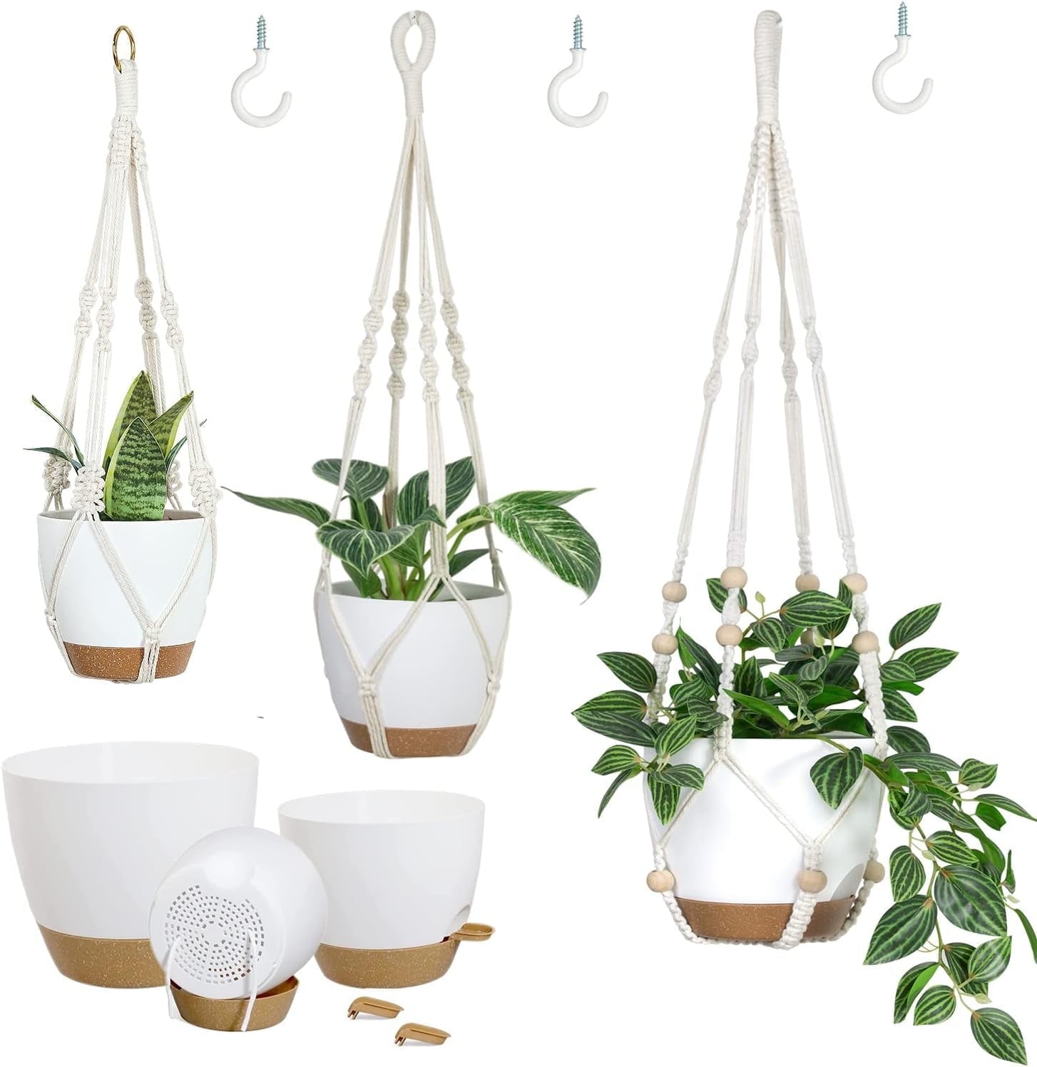 Bamworld Hanging Planters with Macrame Plant Hangers for Indoor Outdoor Plants 3 Set Self Watering Pots Hanging Baskets Flower Pot Holders 3 Different Size