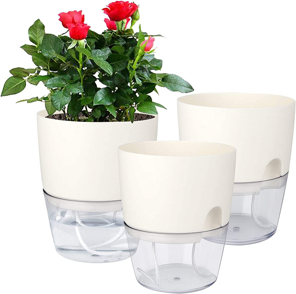 Chainplus 3 Pack Self Watering Planter Pots for Indoor Plants, 6 Inch African Violet Pots with Wick Rope,White