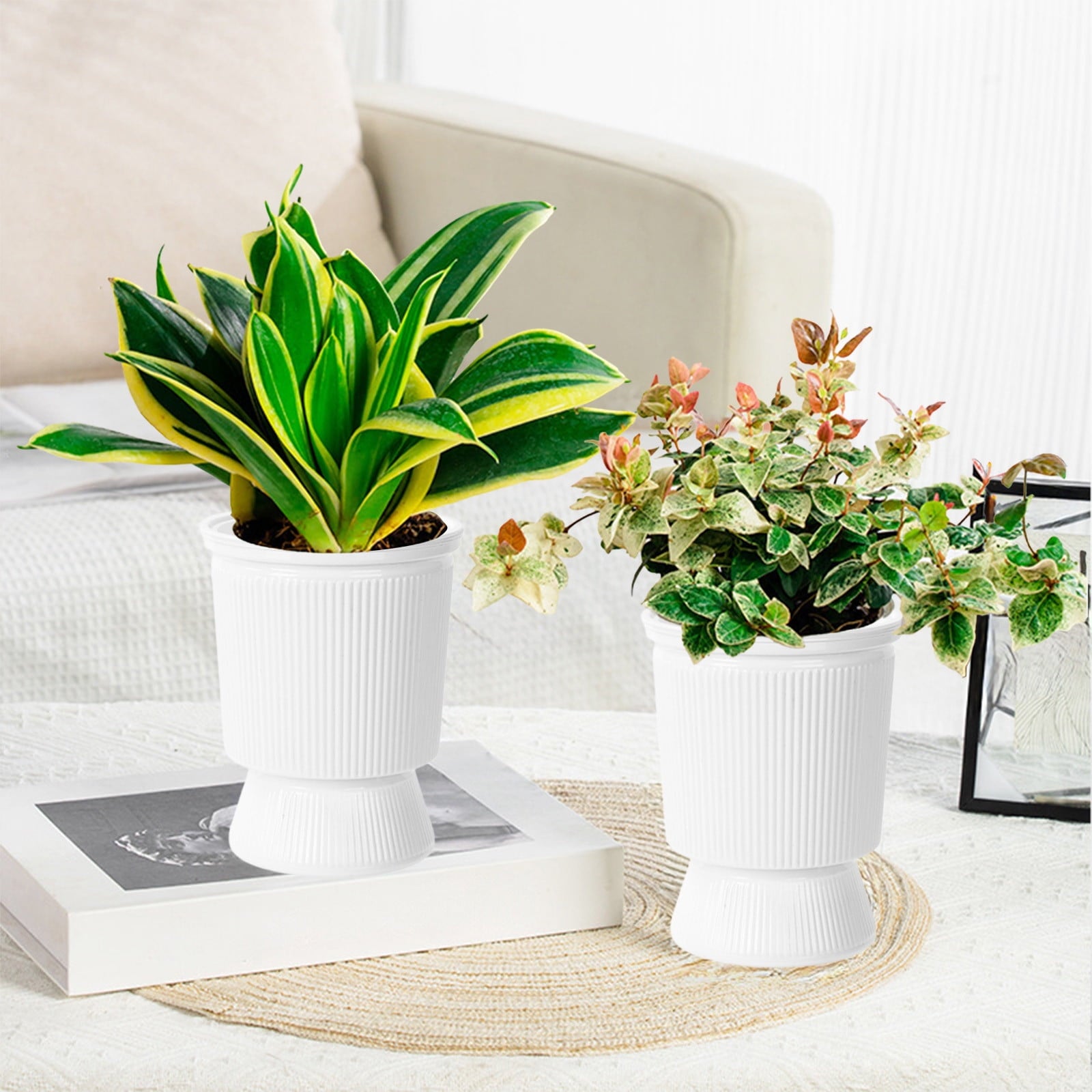FEOLGEHLY 2 Pack 5.1 inch Self Watering Pots for Indoor Plants, Planters for Indoor Plants, Flowerpot with Wick & Reservoir, White