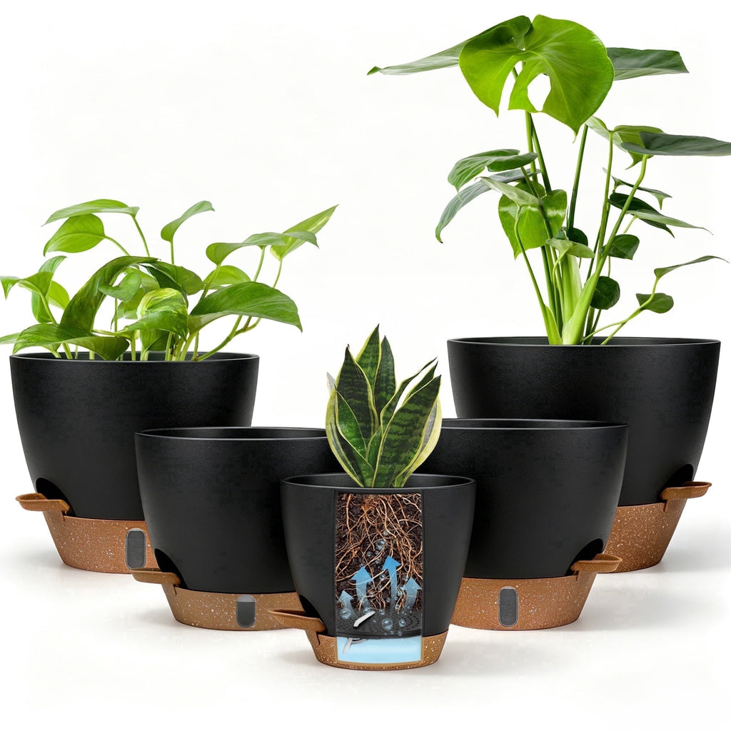 FIASON 9 Pack Plastic 5/5.5/6/6.5/7/8/9/10/12 Inch White with Brown Self Watering Plant Pots,Include Watering Lip,Drainage Holes & Removable Saucer for Indoor Outdoor Use