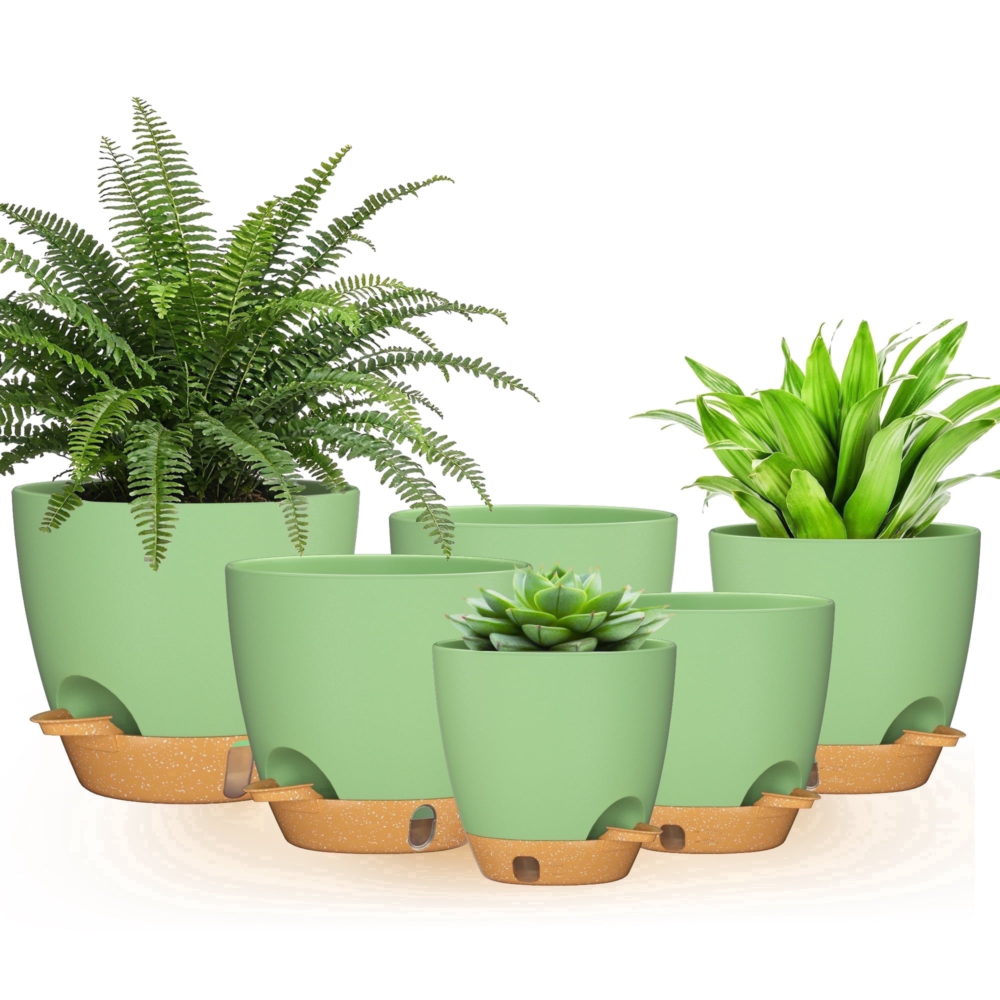 FIASON 9 Pack Plastic 5/5.5/6/6.5/7/8/9/10/12 Inch White with Brown Self Watering Plant Pots,Include Watering Lip,Drainage Holes & Removable Saucer for Indoor Outdoor Use