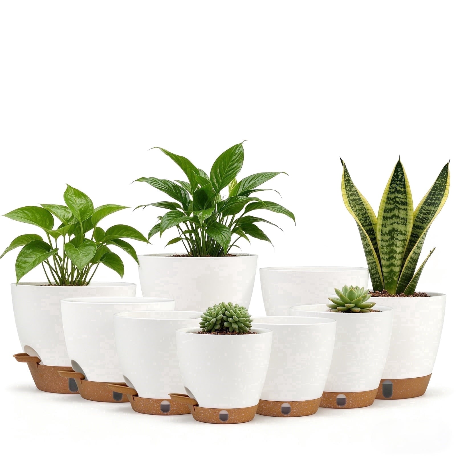 FIASON 9 Pack Plastic 5/5.5/6/6.5/7/8/9/10/12 Inch White with Brown Self Watering Plant Pots,Include Watering Lip,Drainage Holes & Removable Saucer for Indoor Outdoor Use