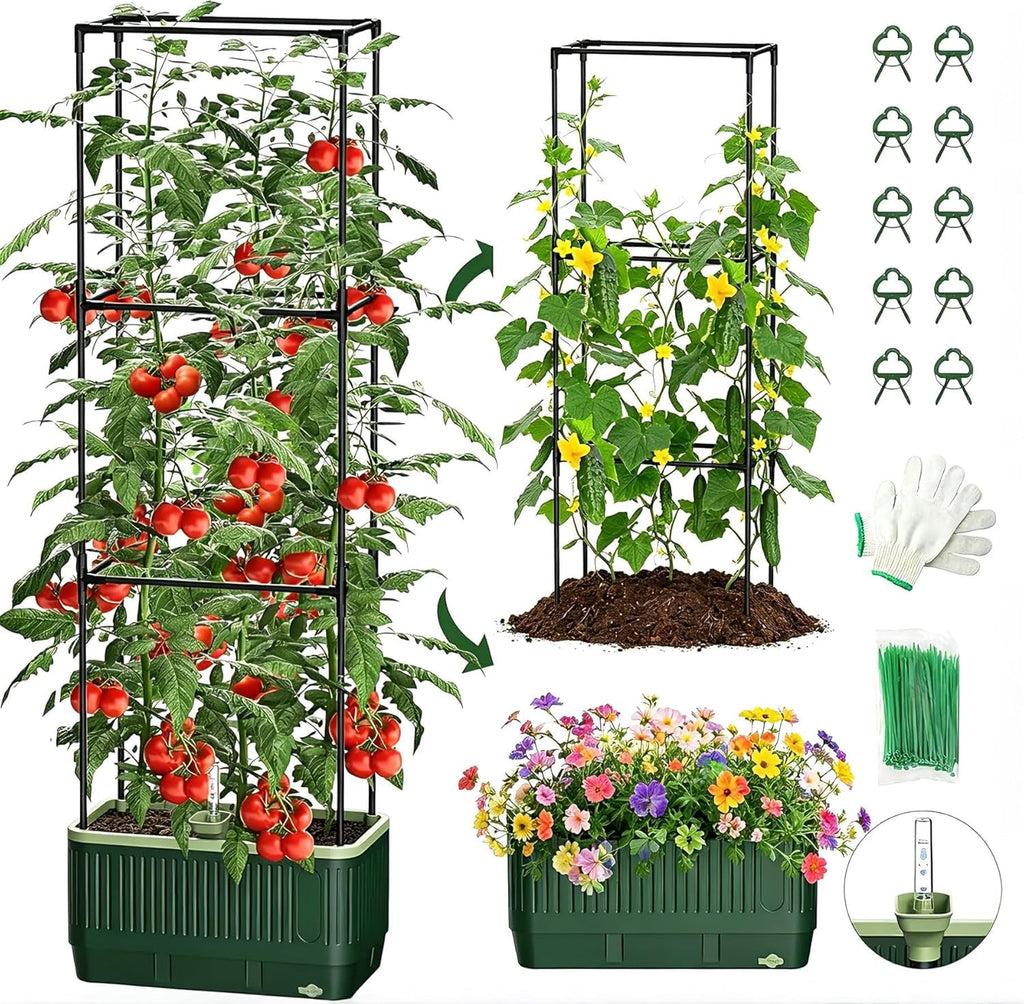 51" Self Watering Planter Box with Trellis, Tomato Cage with Water Level Indicator, Indoor Outdoor Raised Garden Bed