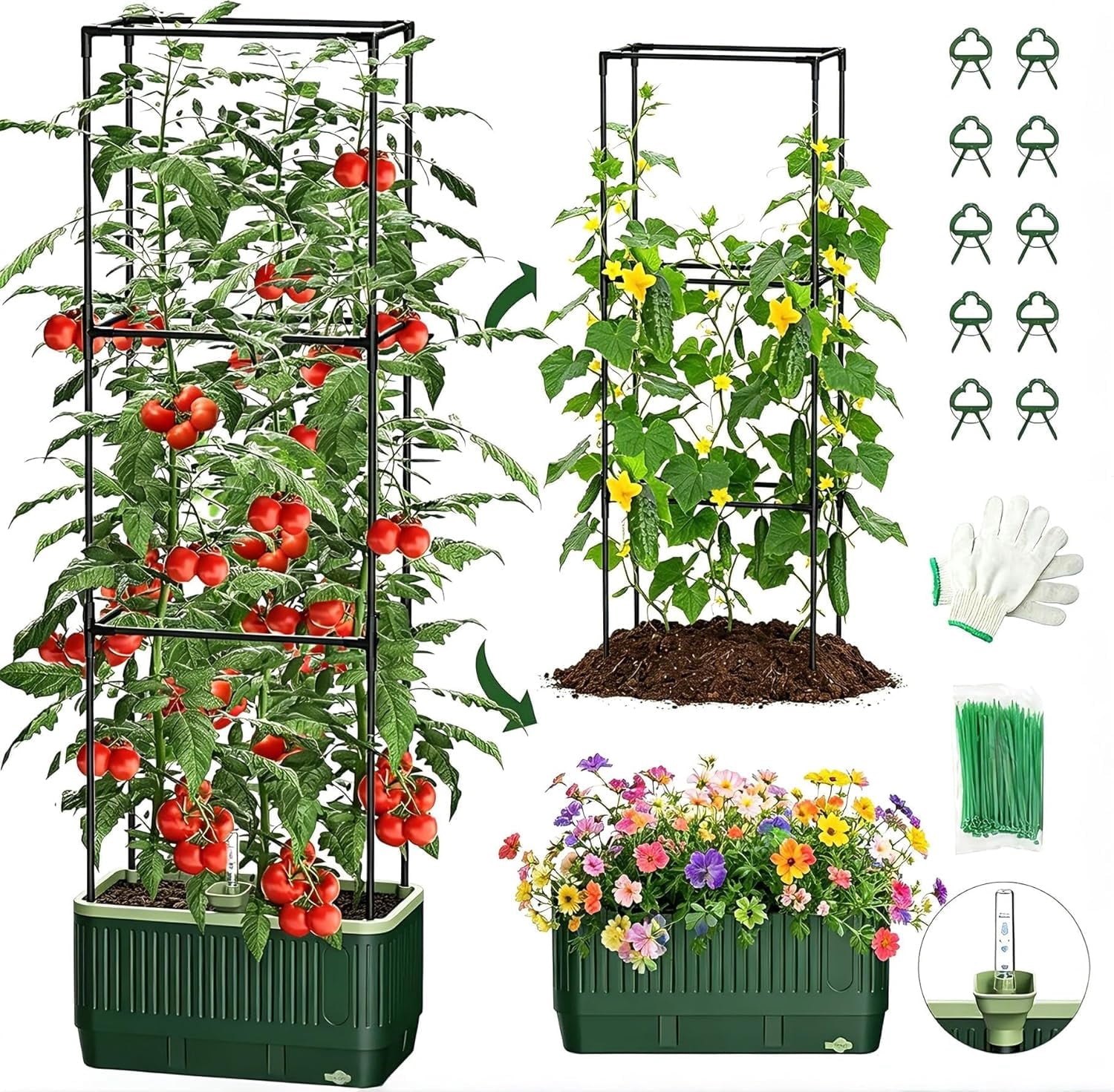 51" Self Watering Planter Box with Trellis, Tomato Cage with Water Level Indicator, Indoor Outdoor Raised Garden Bed