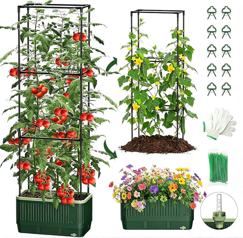 51" Self Watering Planter Box with Trellis, Tomato Cage with Water Level Indicator, Indoor Outdoor Raised Garden Bed