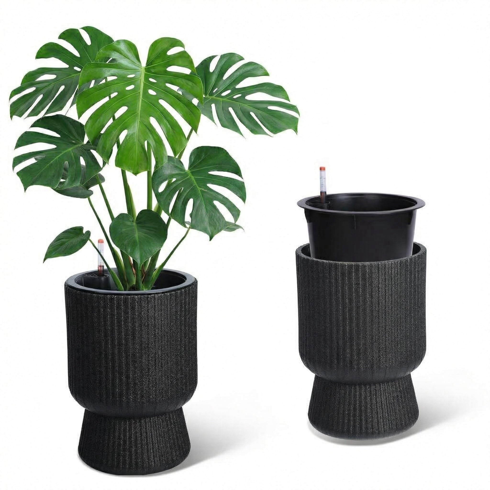 Huisuilinss Tall Planters Set Of 2,14.2" Resin Flower Pots,Round Self Watering Plant Pots With Drainage & Water Level Indicator For Living Room Home Office Patio Porch