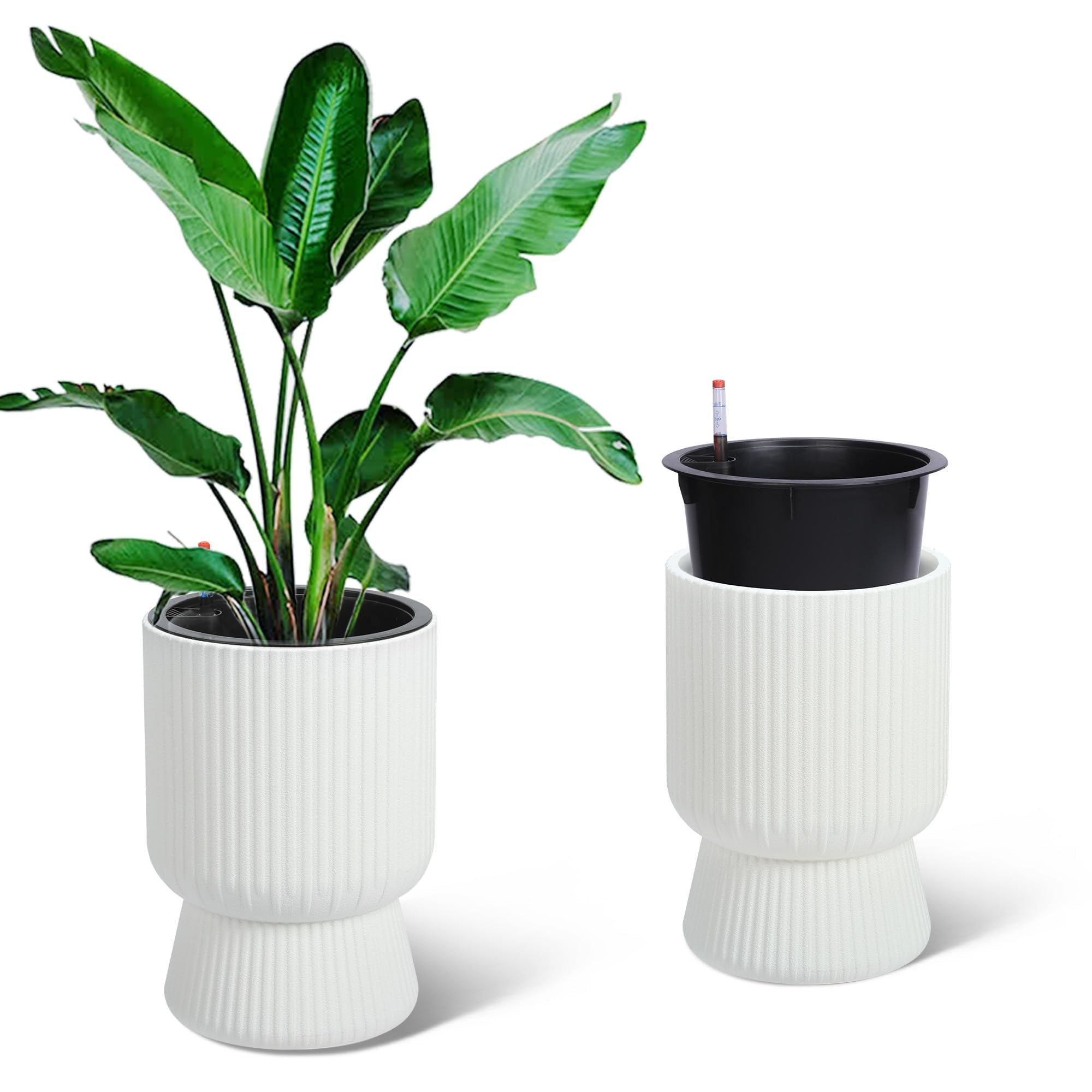 Kojooin 14.2" Planters Set of 2 – Self Watering Flower Pots with Drainage Holes & Water Level Monitor for Patio, Home, Office, Porch, Living Room