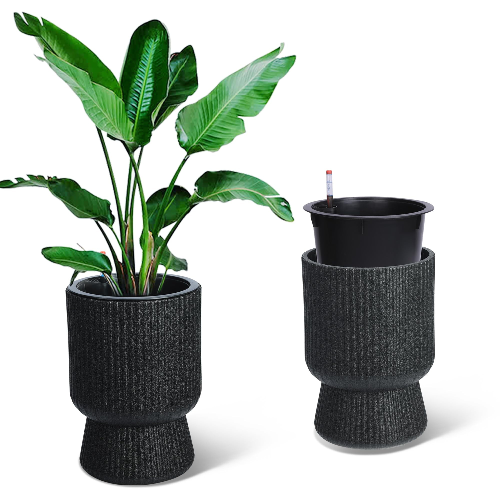 Kojooin 14.2" Planters Set of 2 – Self Watering Flower Pots with Drainage Holes & Water Level Monitor for Patio, Home, Office, Porch, Living Room