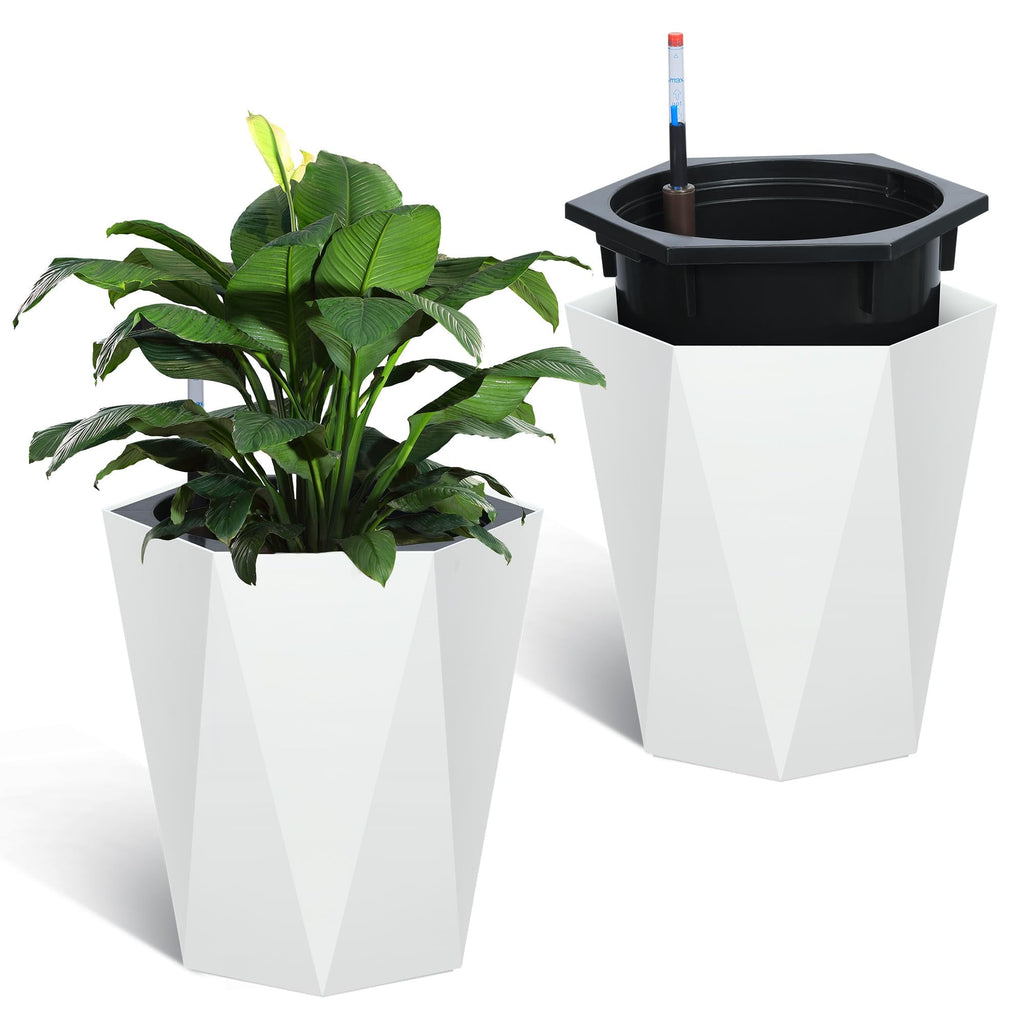 Kojooin 16 Inch Tall Diamond Planters Set of 2, Self Watering Planters with Water Level Monitor and Wheels, Flower Pots Outdoor and Indoor for Patio, Porch, Living Room, Home Office