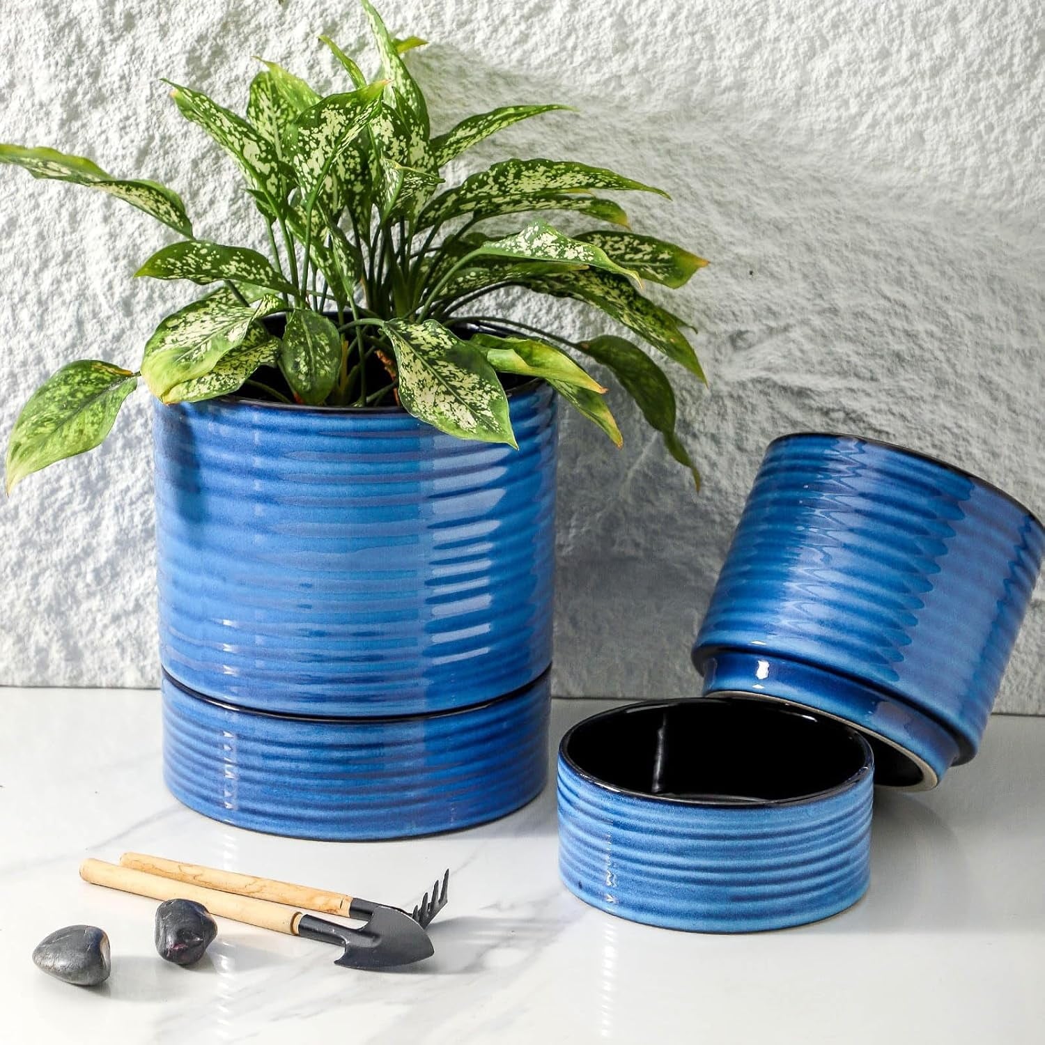 Large Self Watering Plant Pot, 8 Inch Porcelain Planter with Drainage Hole and Water Storage Plus for Outdoor & Indoor House Plants and Garden, Round Flower Pots for Home or Office Decor, Blue