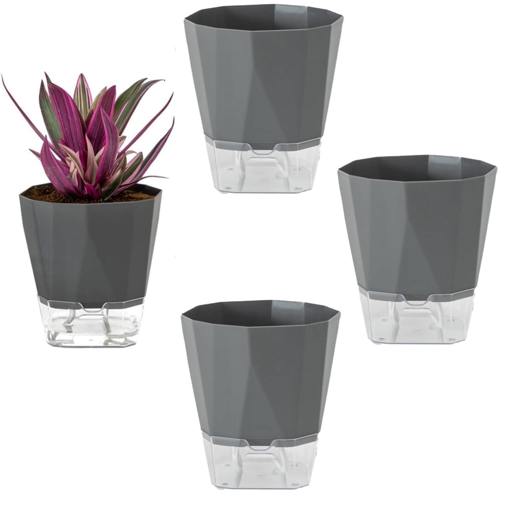 MODANU 4 Pack Self Watering Plant Pots Self Watering Planters for Indoor and Outdoor Plants African Violet 4.7" Self Watering Pots Clear Pots for Plants Herb Orchid Flower Houseplant Pots, Grey