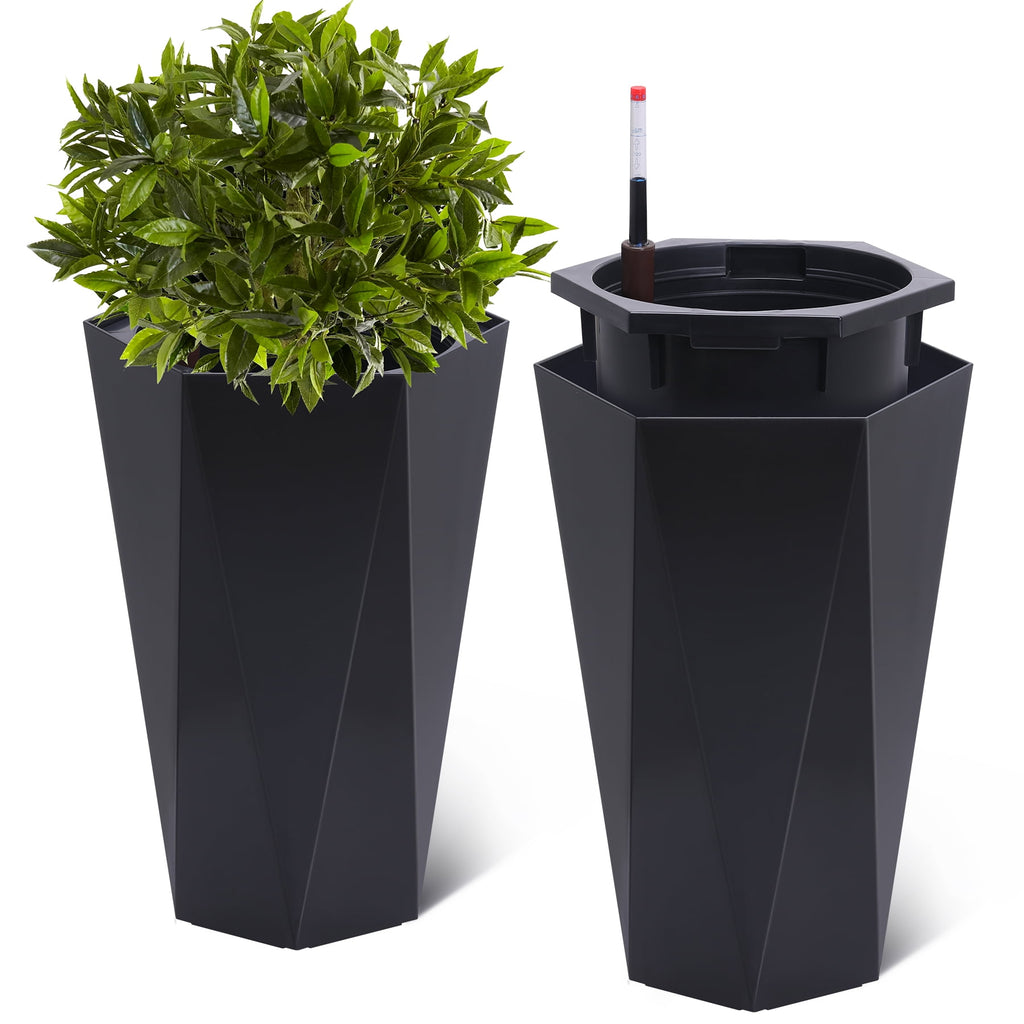 Memoryfield 22.4" Tall Planters Set of 2, Large Indoor/Outdoor Flower Pots with Rolling Wheels, Self Watering System, White