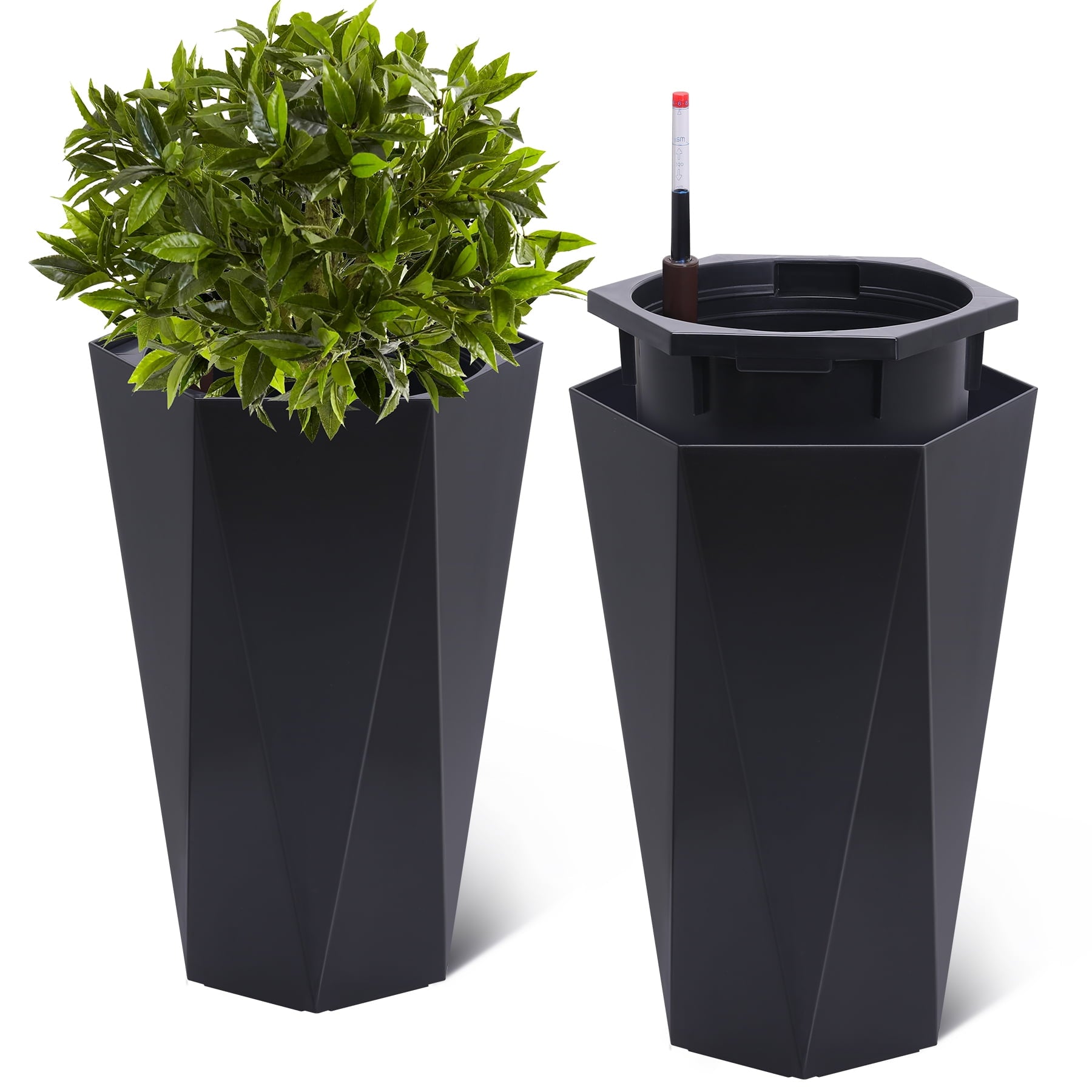 Memoryfield 22.4" Tall Planters Set of 2, Large Indoor/Outdoor Flower Pots with Rolling Wheels, Self Watering System, White