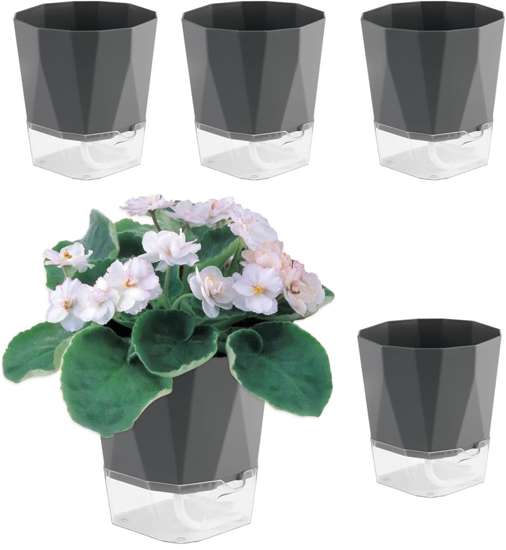 NOGIS 4 Pack Self Watering Plant Pots 5" Self Watering Planters for Indoor and Outdoor Plants African Violet Self Watering Pots Clear Pots for Houseplant Pots, Dark Grey (4Pcs 5Inch)