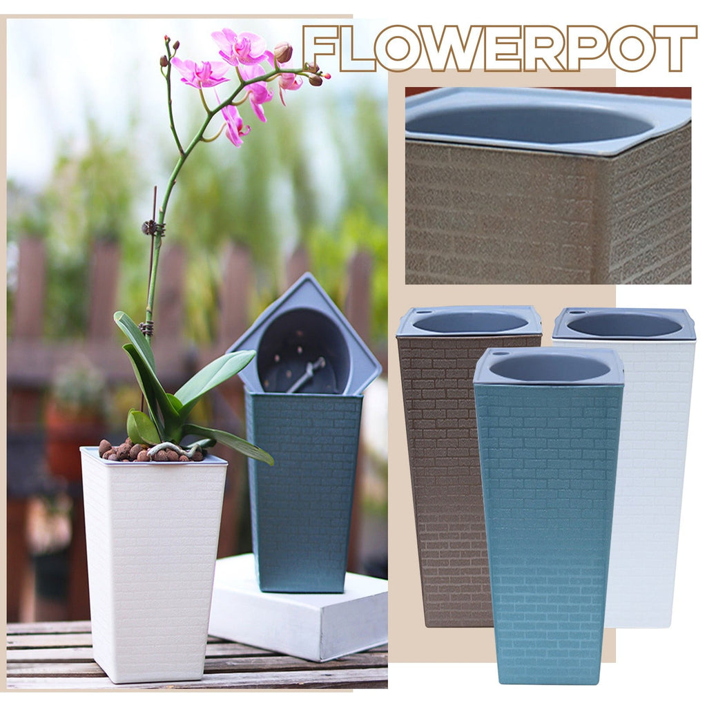 NovaStitch Blue Patterned Square Plastic Planter Self Watering Lazy Flower Pot Decorative Indoor Outdoor Plant Container with Textured Design