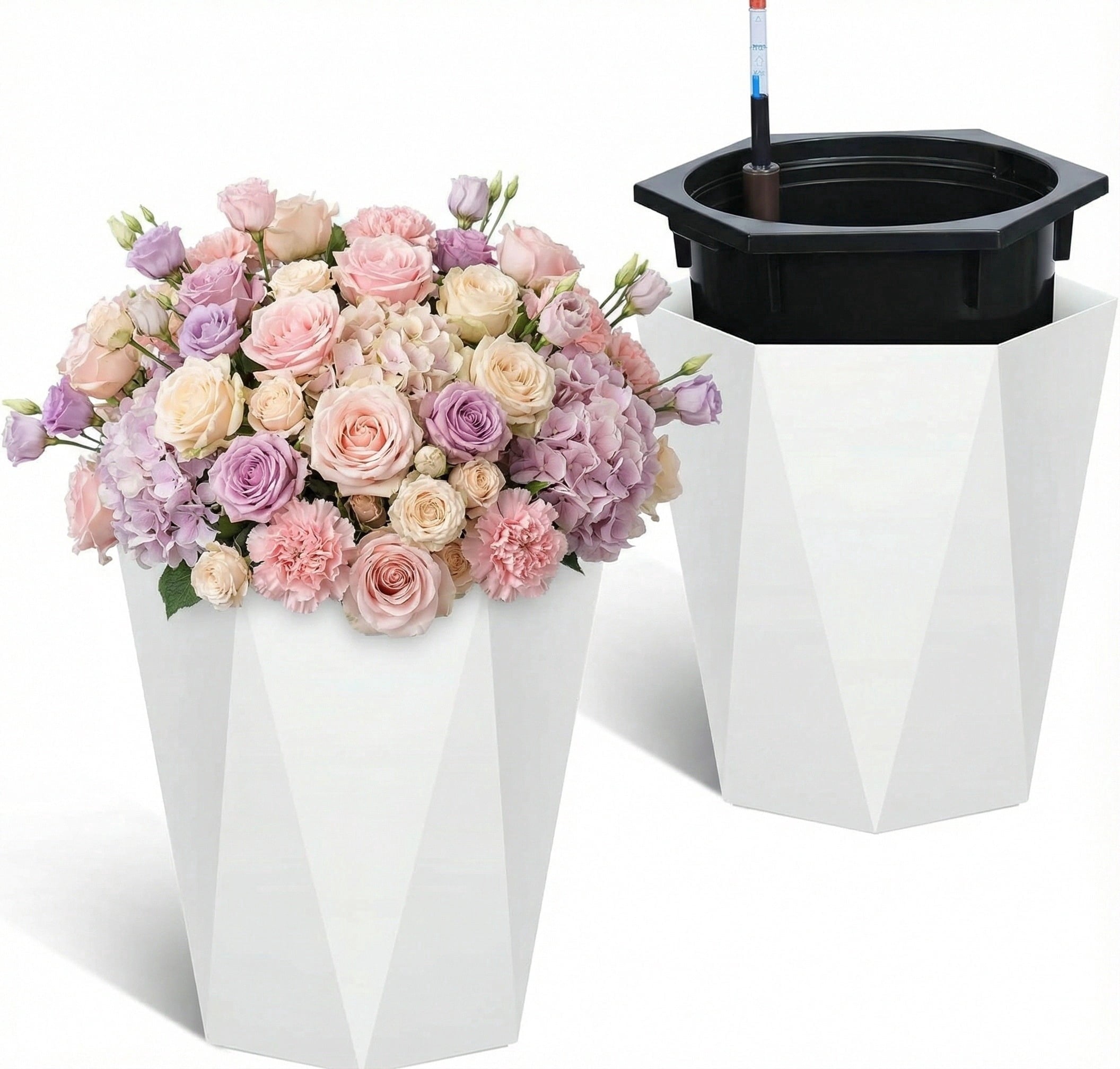 Riedhoff 16" Tall Self-Watering Planter Pots Set of 2, Water Level Monitor, Drainage Holes, White