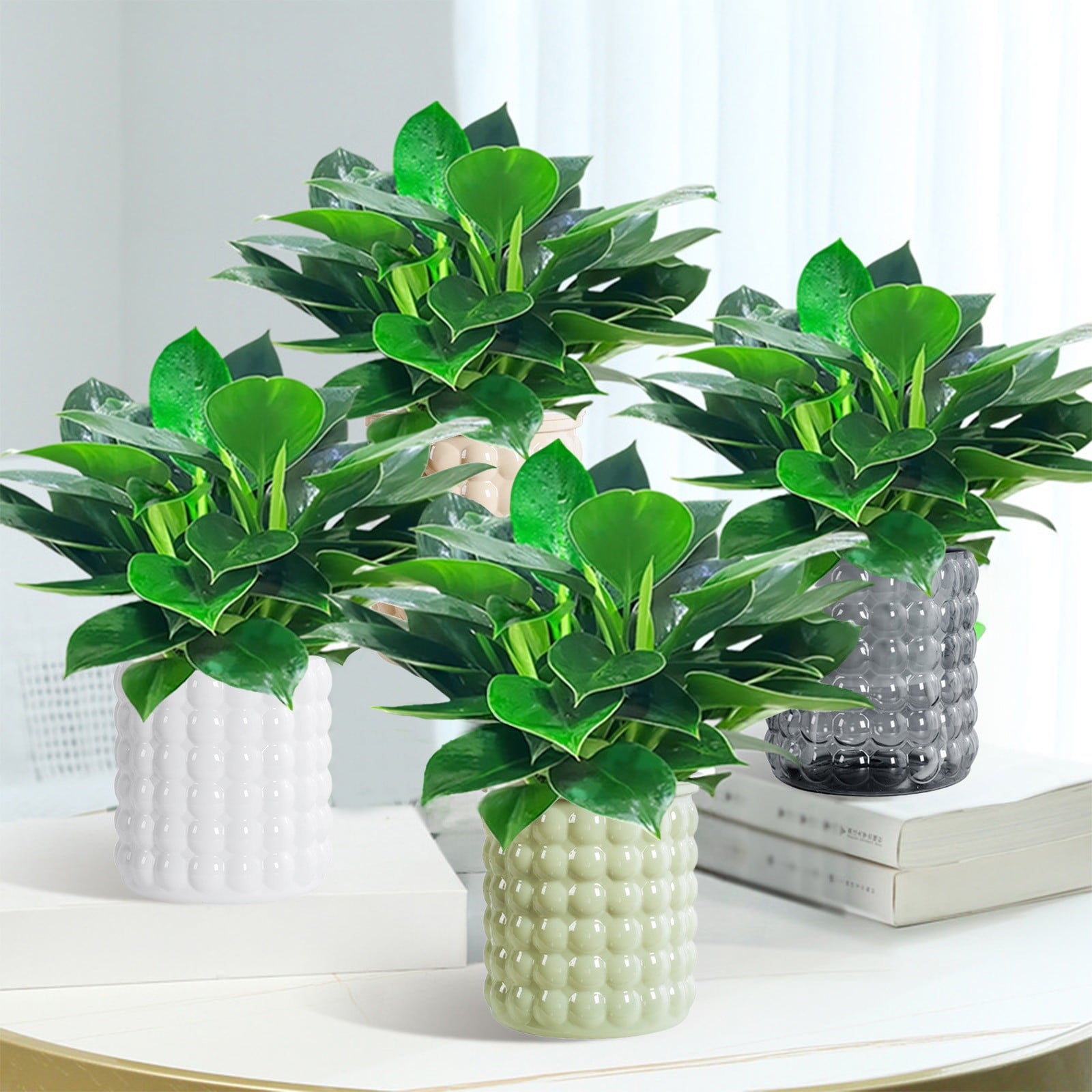 Self Watering Transparent Flower Pot | Automatic Plastic Planter for Small Indoor Plants, Hydroponics | Beige, White, Gray, Green | 12x10.5x11.5cm | Home Decor