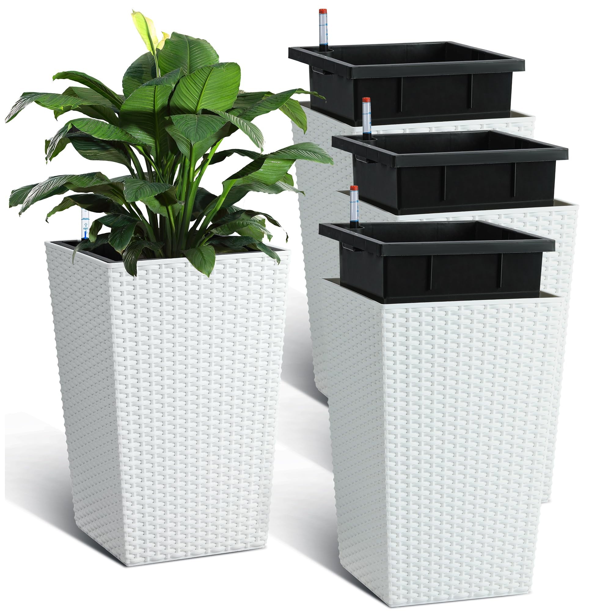 Set of 4 Tall Rattan-Style Self Watering Planters, 16" Indoor Outdoor Plant Pots with Water Level Indicator for Patio & Home, White