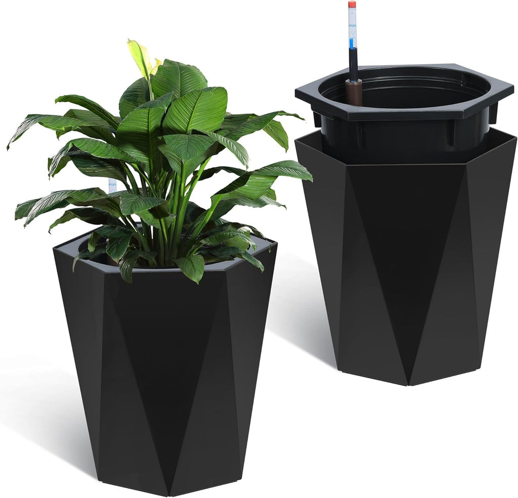 TEQIN 22.5 Inch Tall Planters Set of 2, Self Watering Pots,Large Flower Pot Outdoor and Indoor, with 2 Trays and a Water Level Monitor and Wheels Large Tapered Pots for Patio, Porch, or Home Office