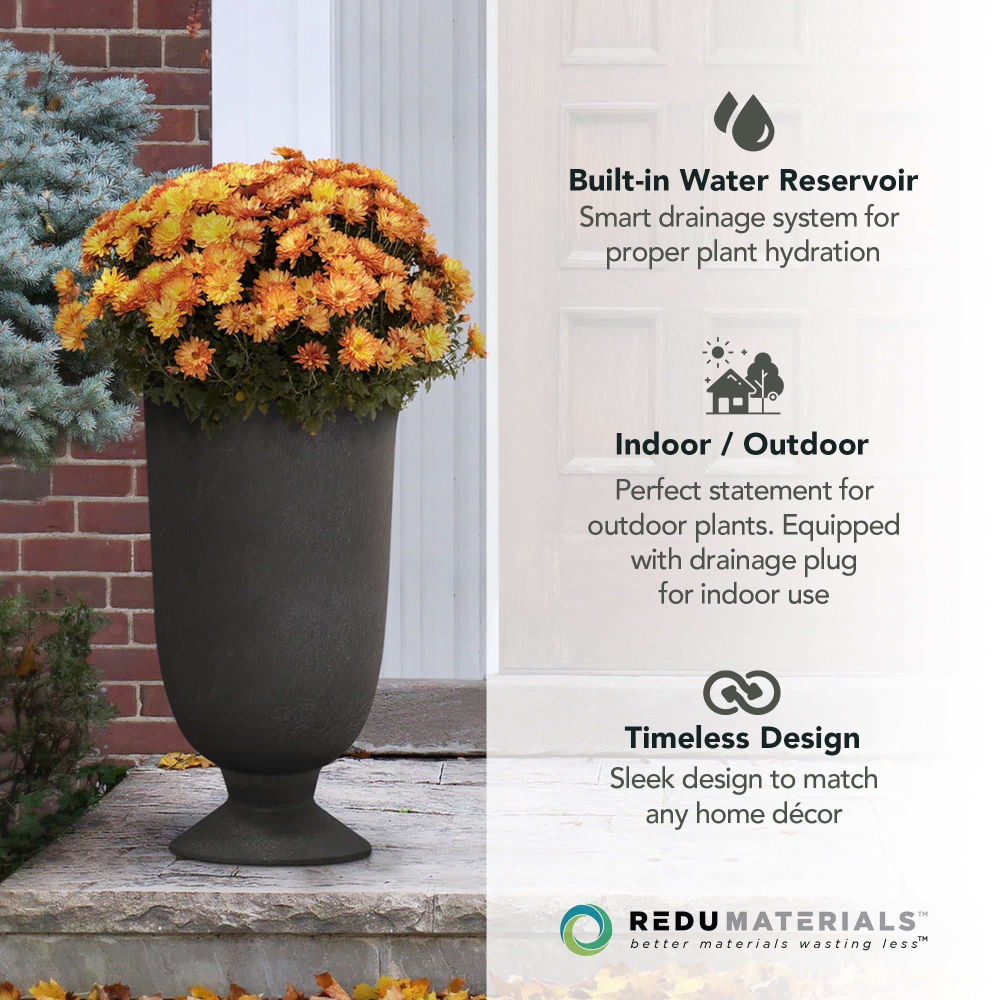 Tierra Verde Cadence Self Watering Urn Planter 14"W x 23"H, Black