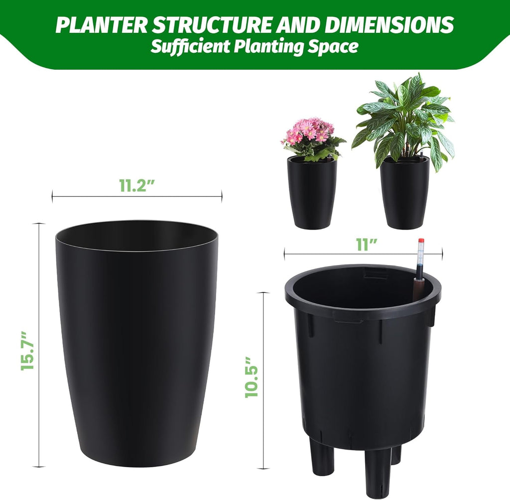 Set of 2 Tall Planters for Outdoor Plants, 16in Large Planters with Water Level Monitor ＆ Inner Bucket, Automatic Watering, for Porch, Patio, Backyard