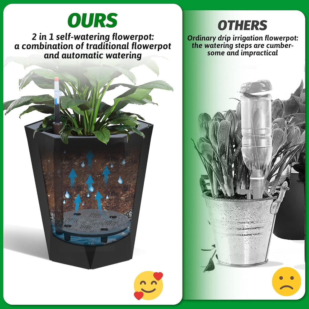 TEQIN 22.5 Inch Tall Planters Set of 2, Self Watering Pots,Large Flower Pot Outdoor and Indoor, with 2 Trays and a Water Level Monitor and Wheels Large Tapered Pots for Patio, Porch, or Home Office