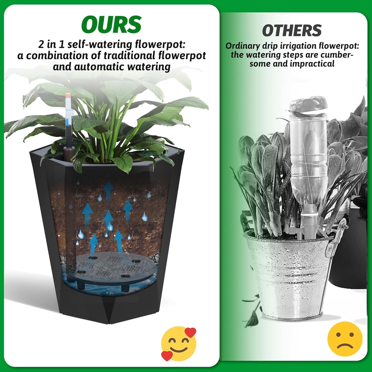 TEQIN 22.5 Inch Tall Planters Set of 2, Self Watering Pots,Large Flower Pot Outdoor and Indoor, with 2 Trays and a Water Level Monitor and Wheels Large Tapered Pots for Patio, Porch, or Home Office