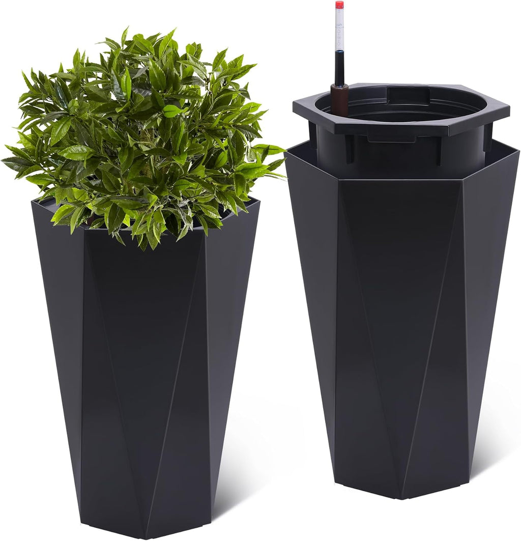 23 Inch Tall Outdoor Planters Set of 2, Self Watering Pots for Indoor Plants with Water Level Monitor & Drainage Hole & Wheels,Black