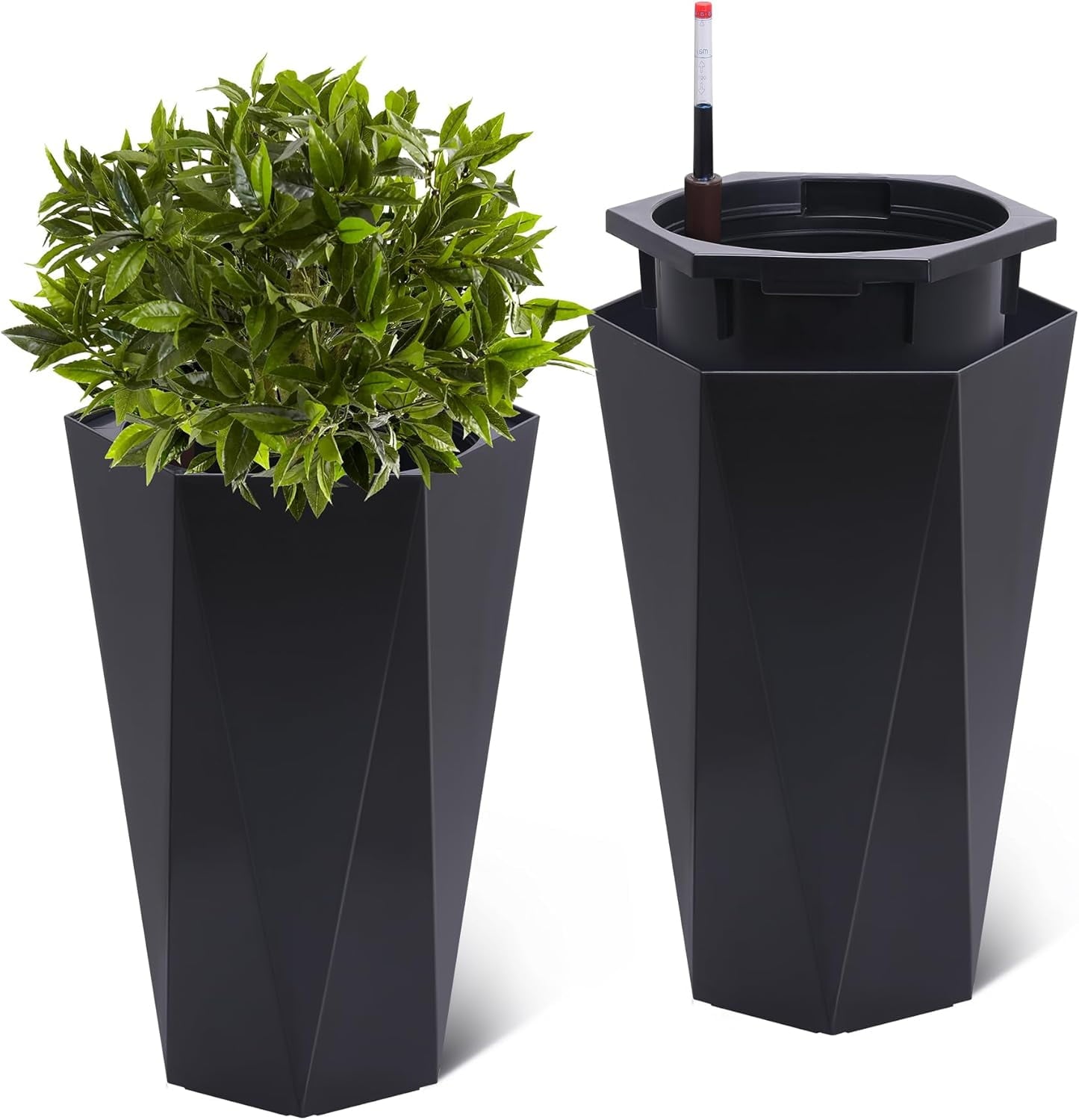 23 Inch Tall Outdoor Planters Set of 2, Self Watering Pots for Indoor Plants with Water Level Monitor & Drainage Hole & Wheels,Black