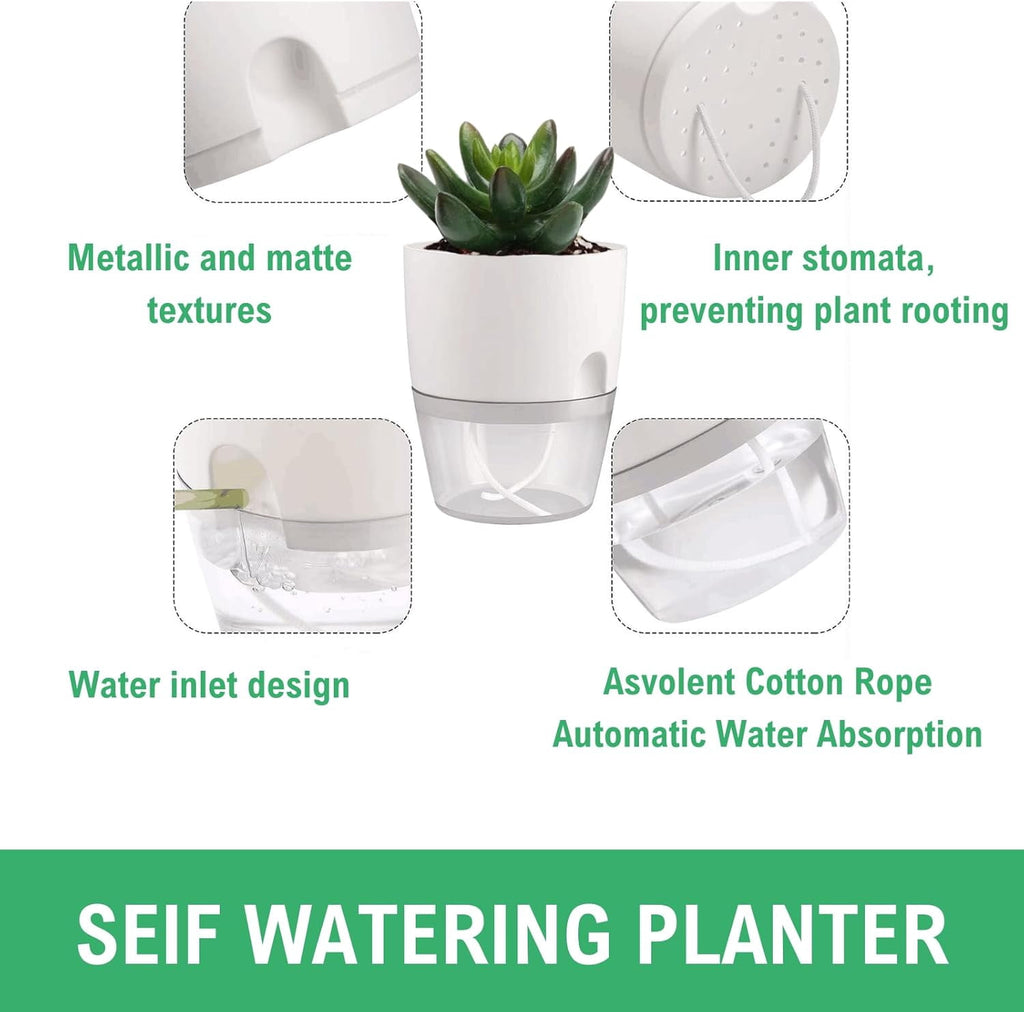 6Inch Self Watering Planter Pots 4 Pack Plant Pot for Indoor Wicking Flower Pots Plant Pots Modern Decorative Planter for House Plants,Herbs,Indoor Outdoor Plant (White)